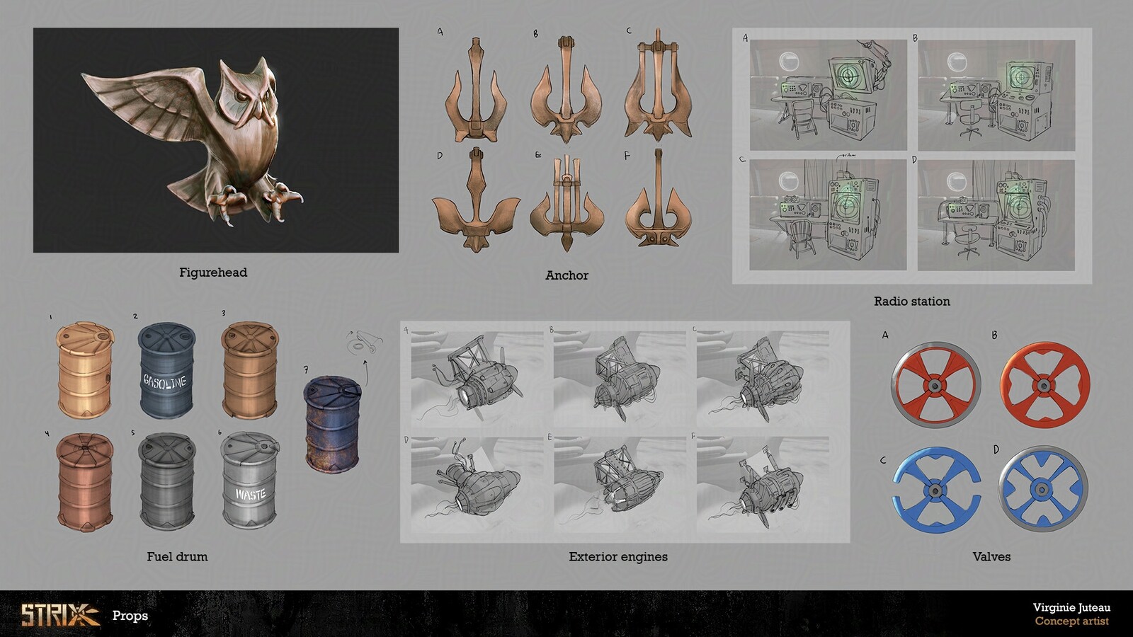 Some concepts of props I have helped design. The figurehead is a paintover of my Zbrush sculpt.