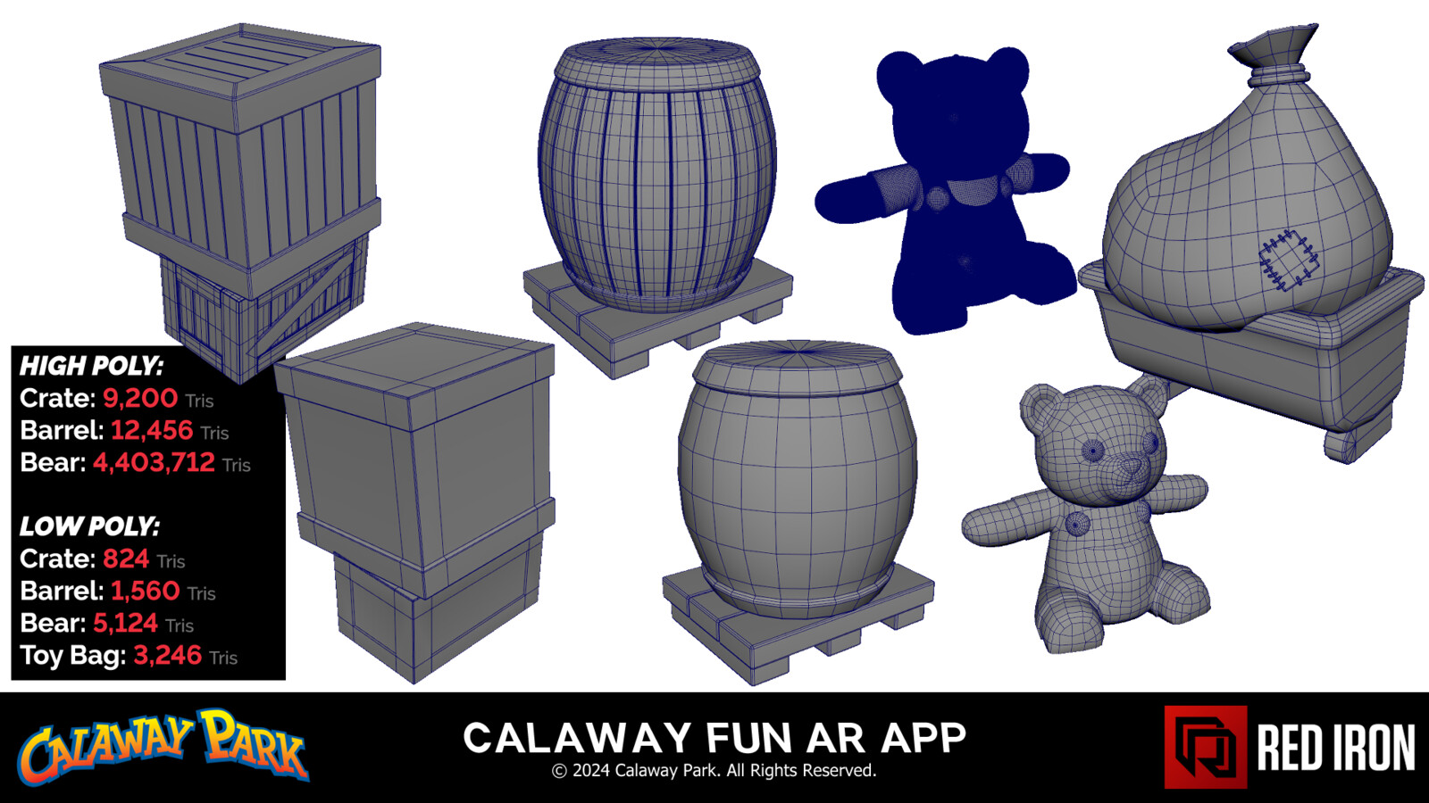 Wireframes and polycounts for high and low poly models.