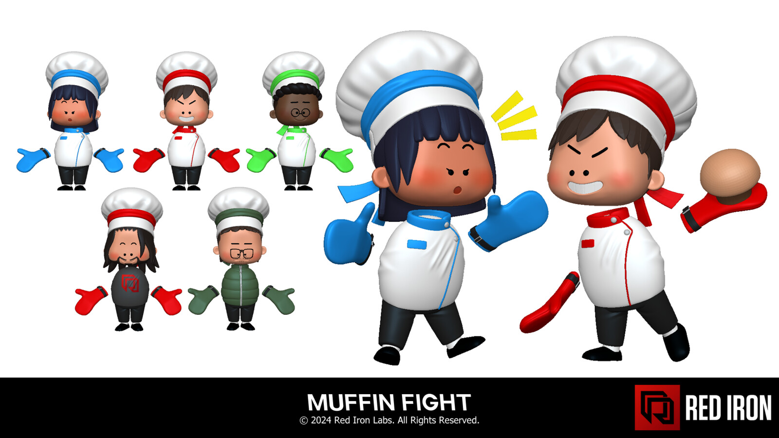 This is how I pitched the new designs to the team. Created a few variations to suggest a character customization system, and created a small scene of two of the chefs.