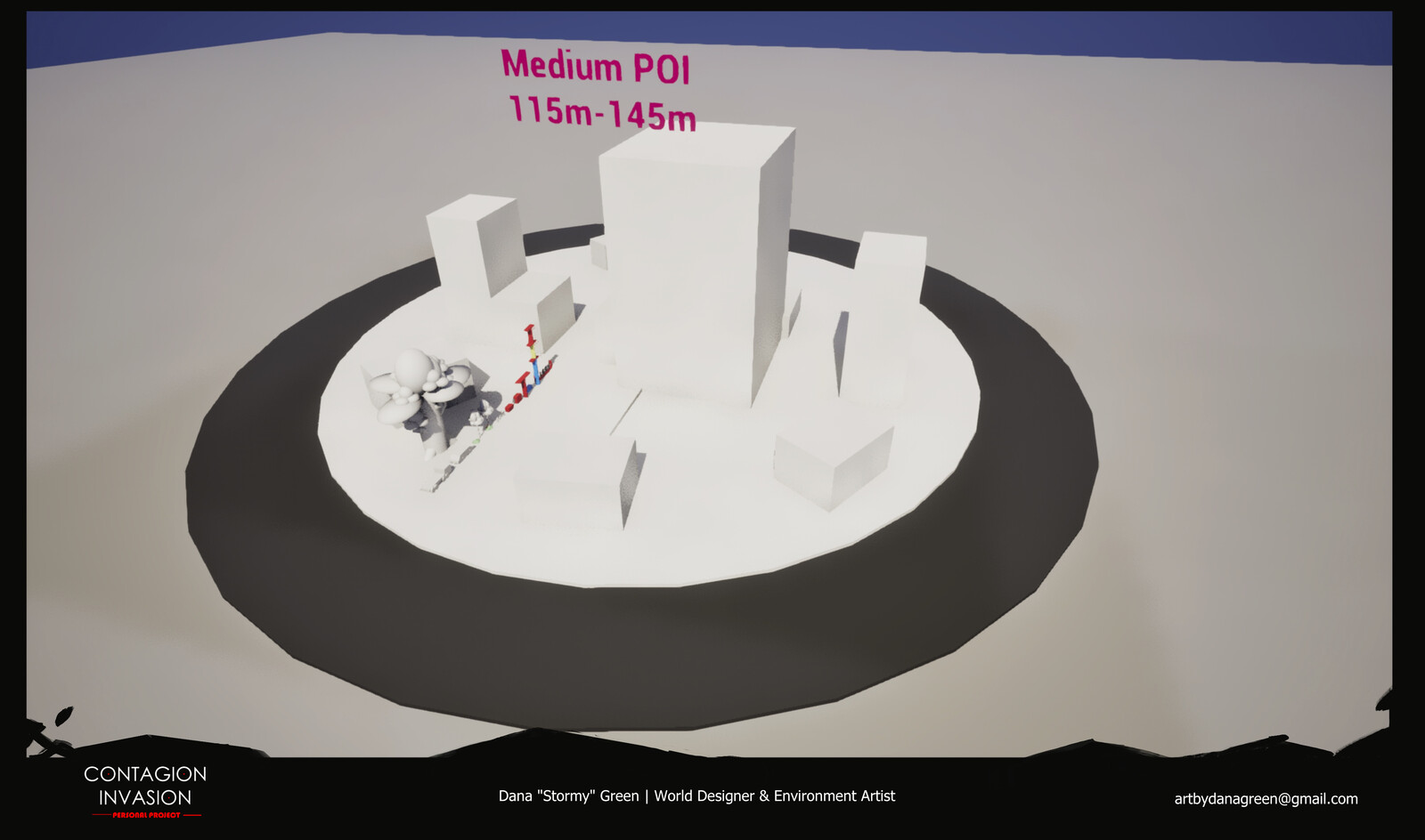 I created POI (point of interest) block outs to adhere to desired game metrics