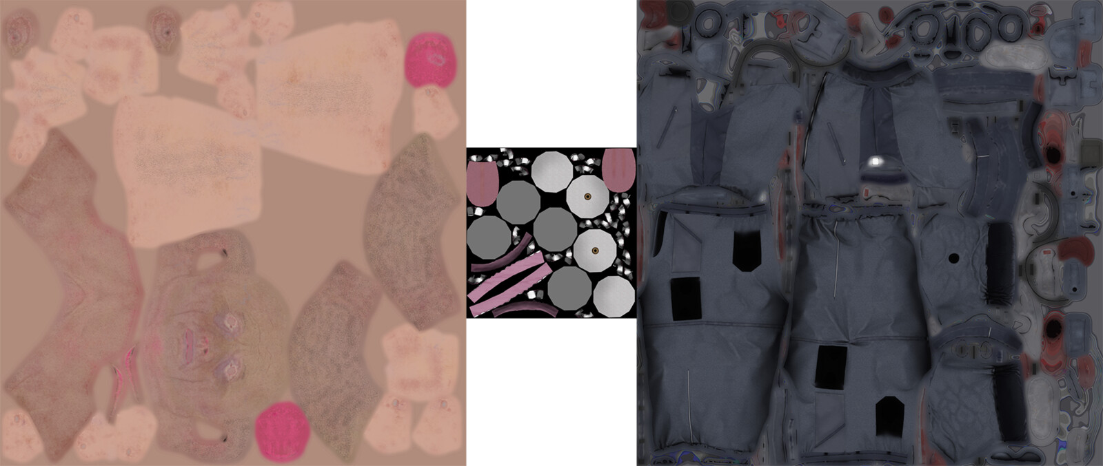 Textures created for skin, clothes, eyes and teeth in Substance Painter and Photoshop, which is also used to bake normal maps.