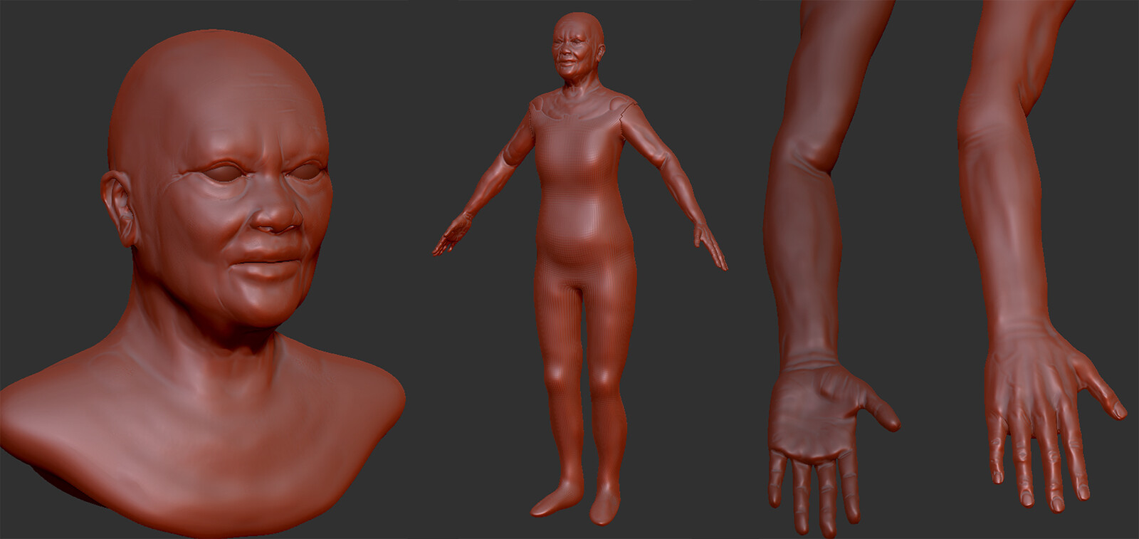 Sculpts for hands and head done in detail, the rest of the body is just a rough block in for what will be used in Marvelous Designer later.