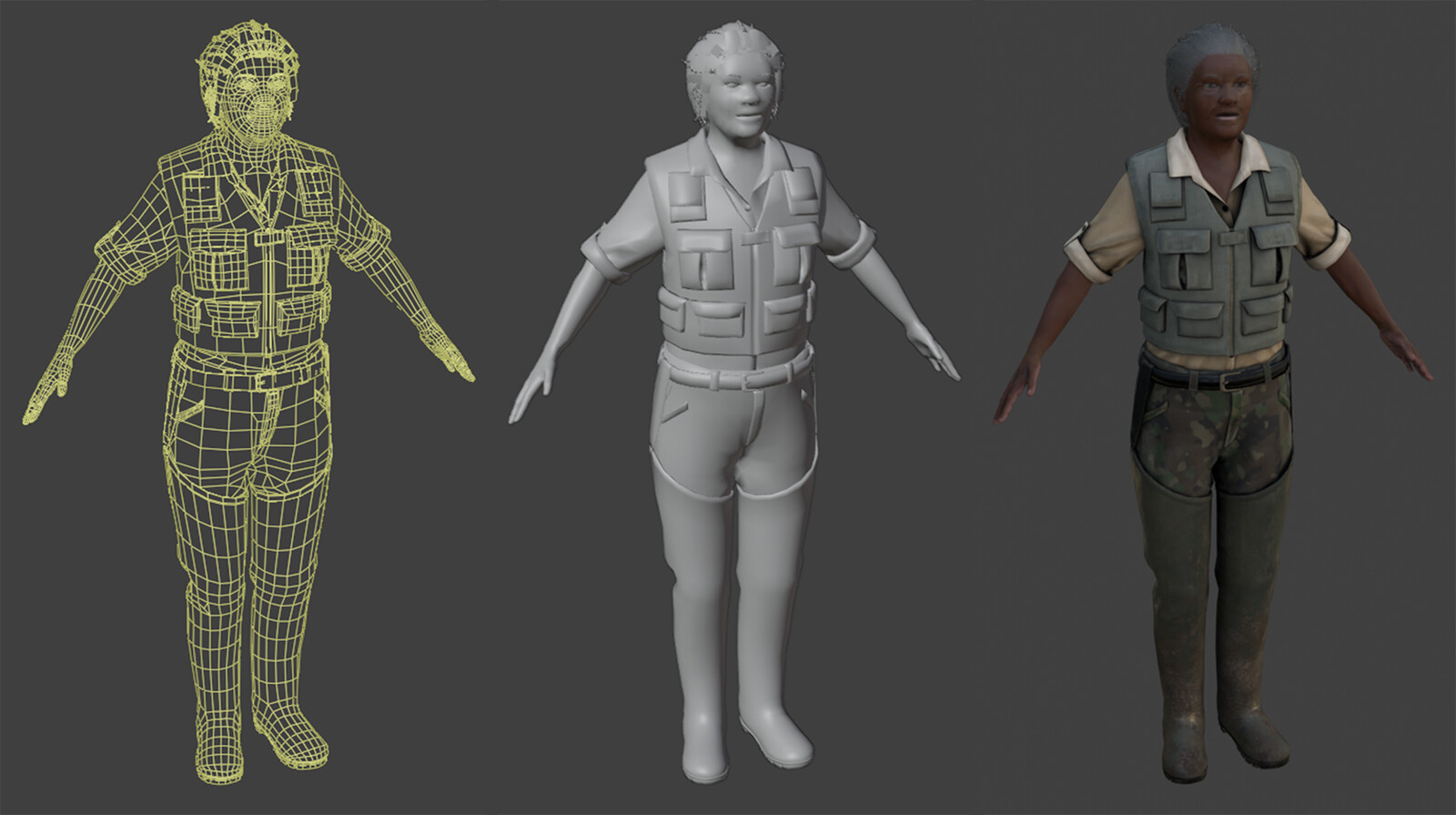The body and clothes are retopologized in Maya, and the hair cards are put in place. Even thought it's not used in the final result, the torso and legs are retopologized to create a custom avatar for Marvelous Designer.