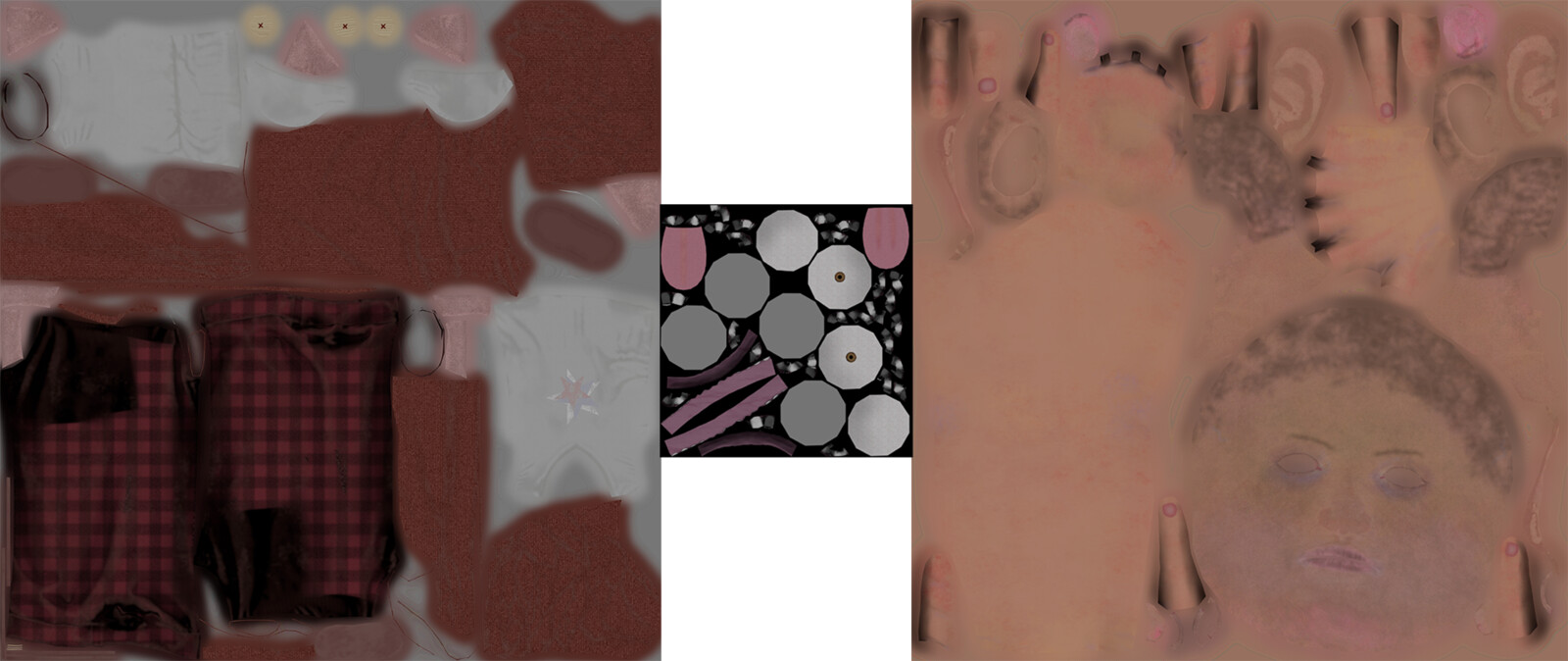 Textures created for skin, clothes, eyes and teeth in Substance Painter and Photoshop, which is also used to bake normal maps.