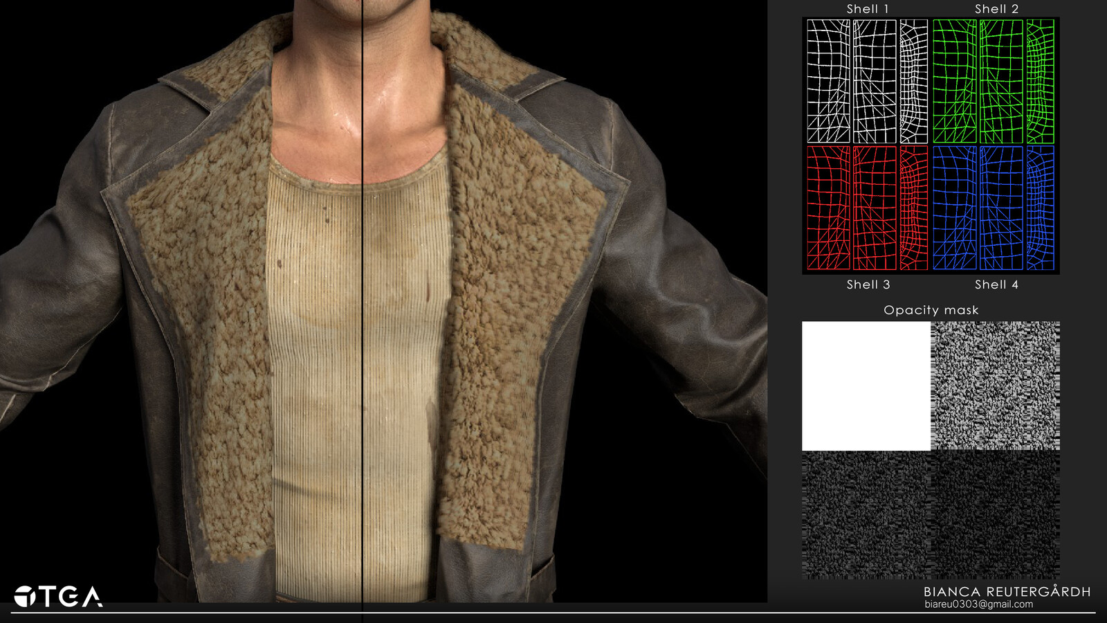 I utilized 4 layers of geometry for the shell based fur. Shell 1 (opacity: 1) --&gt; Shell4 (opacity: 0.25)