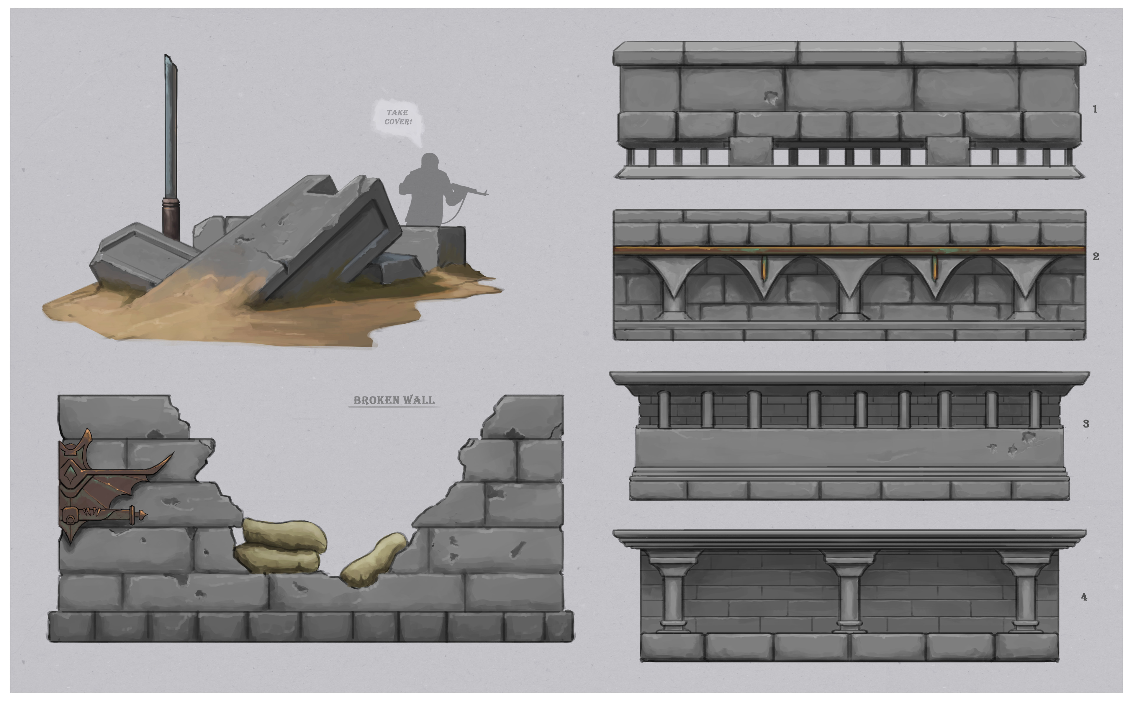 Ideation for walls and columns - playing with some gothic and slightly brutalist shapes.