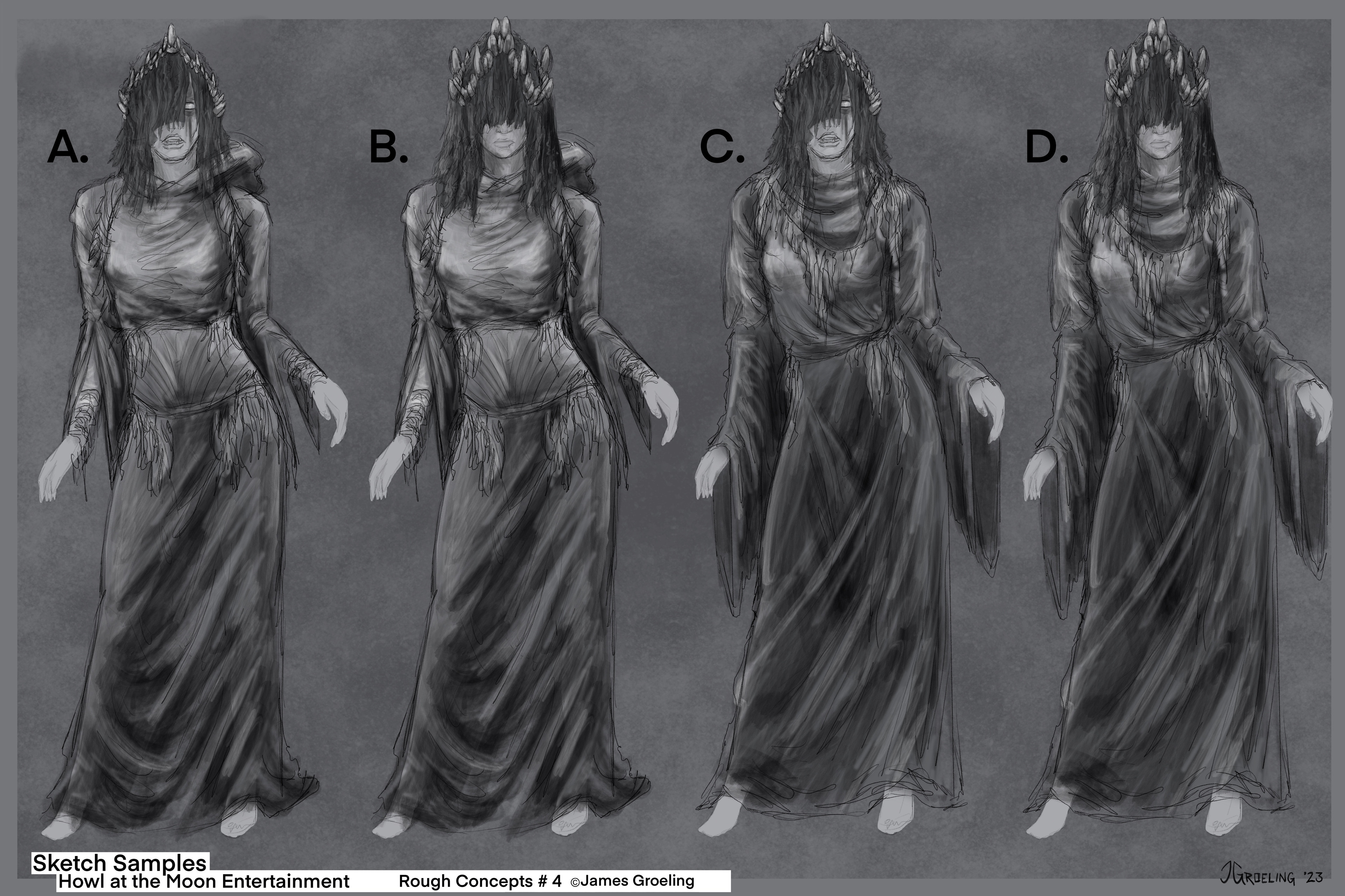 Variants after deciding on the attire, and Art Director wanting to see some of the different head concepts with the outfit. 