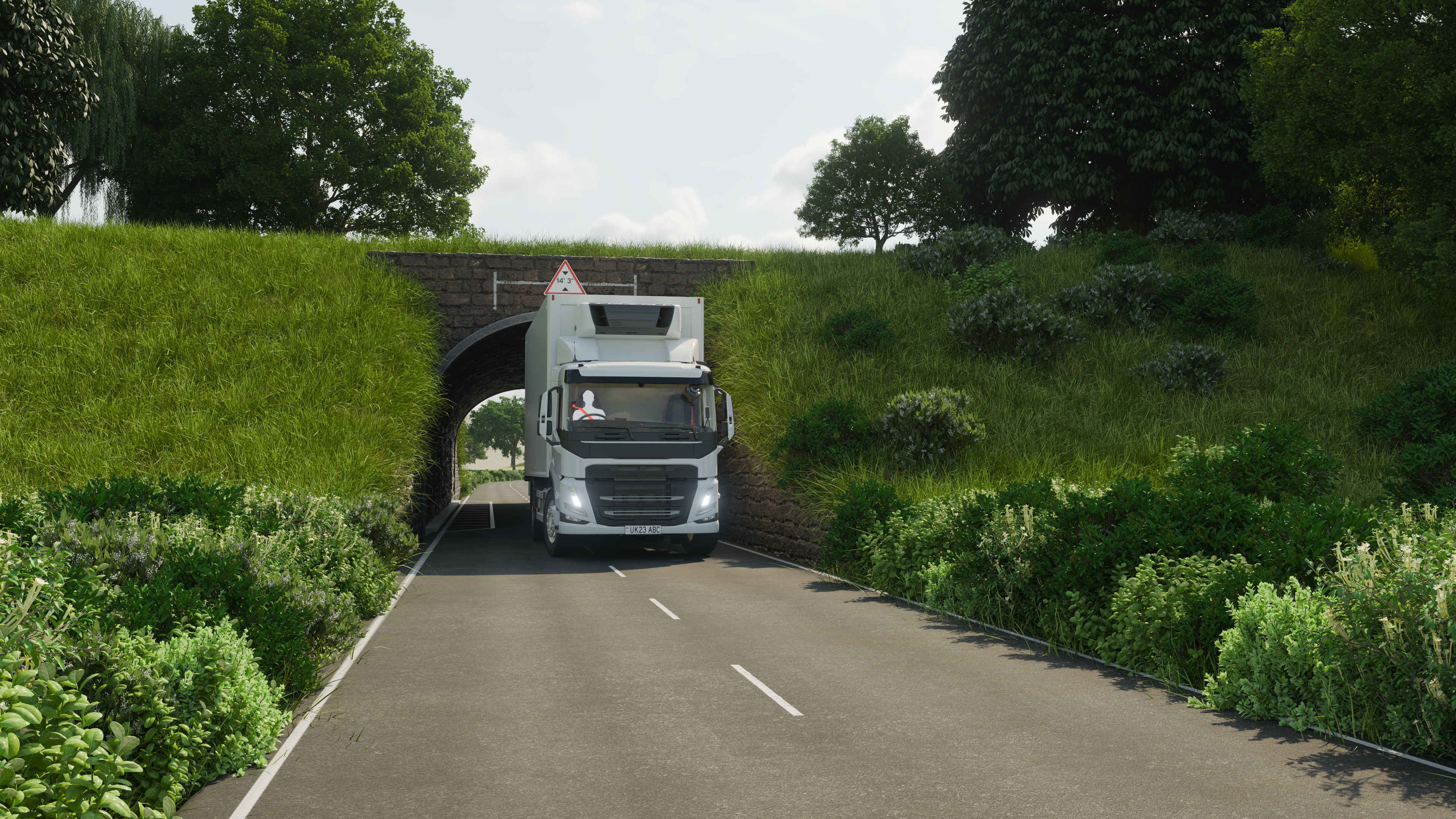 Our medium-sized truck moving through a tunnel environment. I worked on layout and all of the non-foliage materials