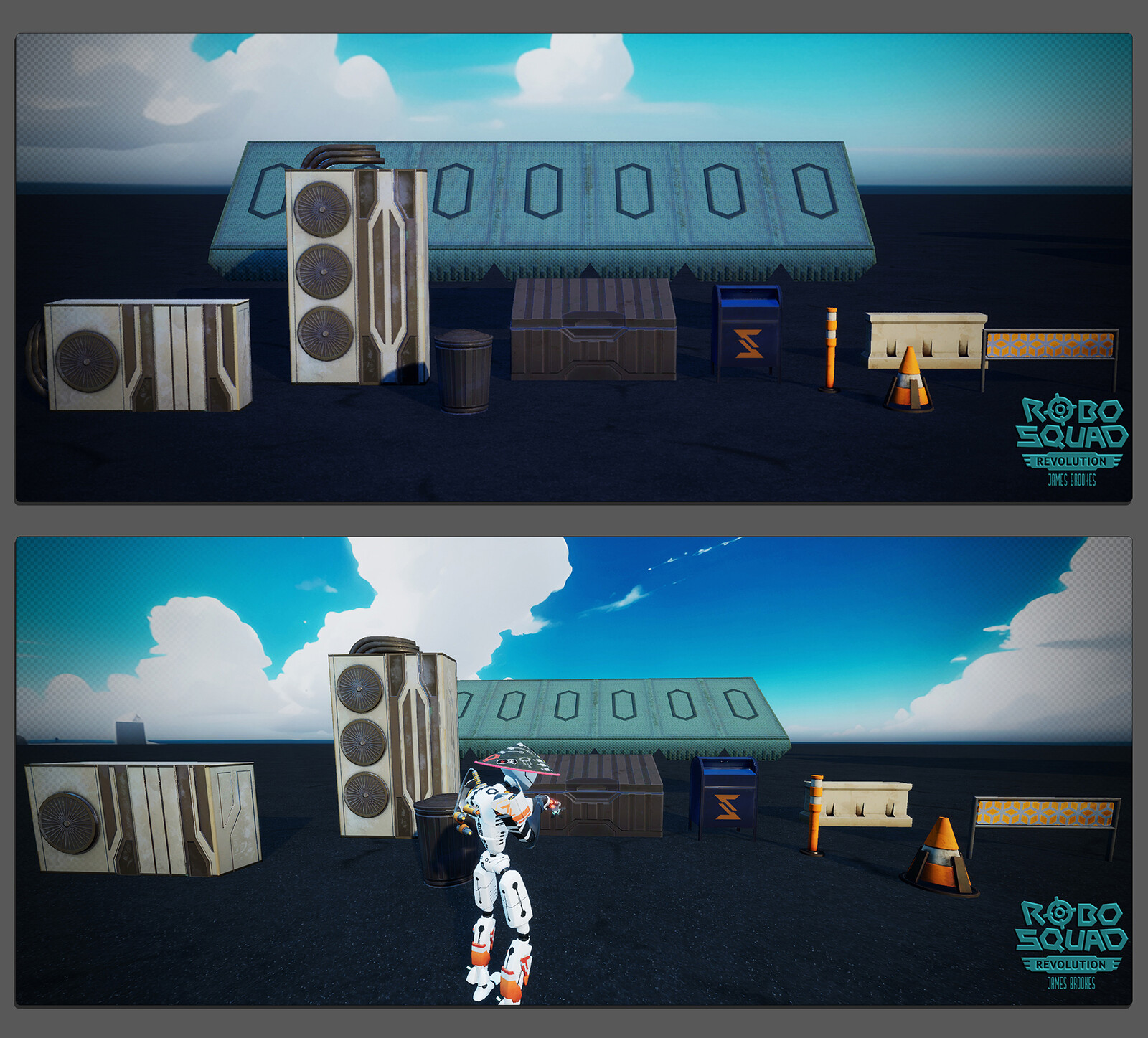 Asset Lineup
in-editor (above), in-game (lower)