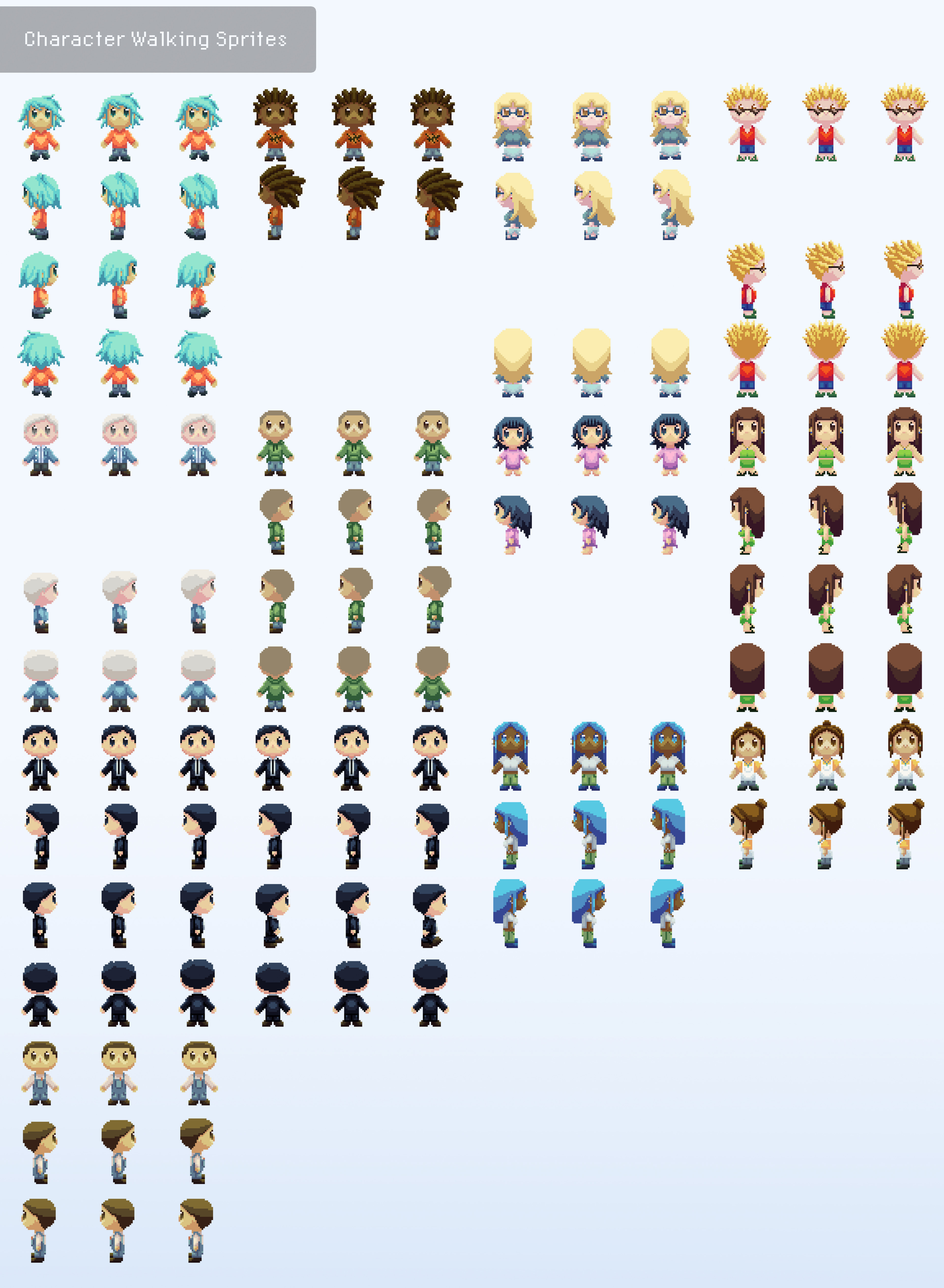 Character sprite sheet with walking and idle animations