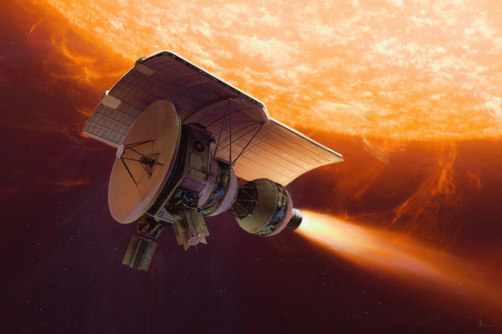 Lyra spacecraft burning its solid fuel booster engine, performing Oberth manouver to gain enough speed to catch up Omuamua within 26 years from launch.
