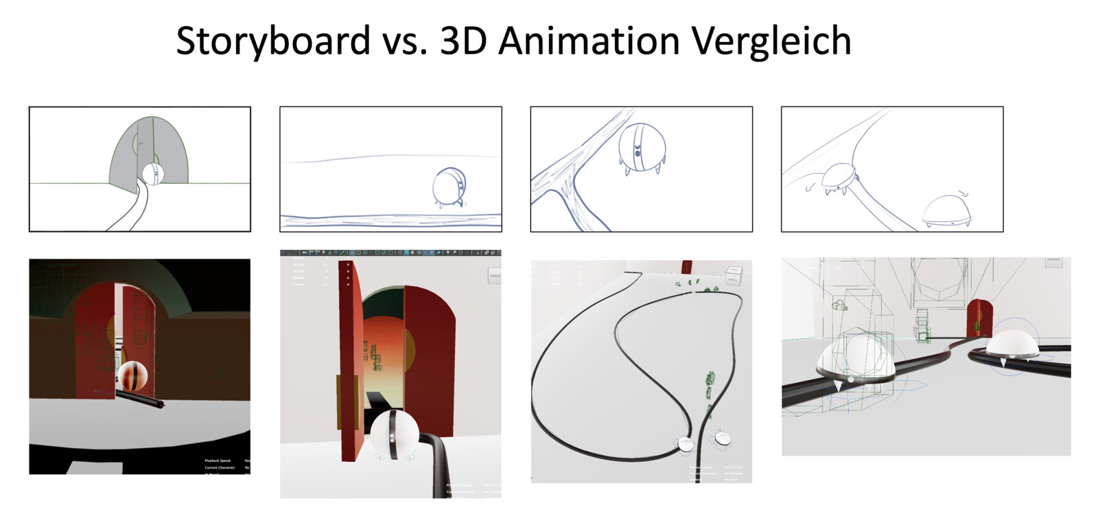 storyboard vs. 3d animation comparison (parts that have changed)
- the door isn't completely closed at the beginning, cause it wouldn't make sense, also one-one jumps over the cable
- one-one is on the other side of the cable at the beginning