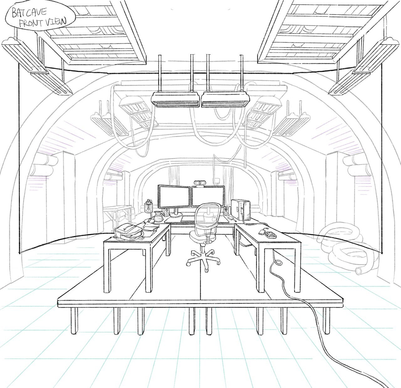 The sketch of the cave scene with the physical desk props and the background LED screen juxtaposed together for on-site referencing.
