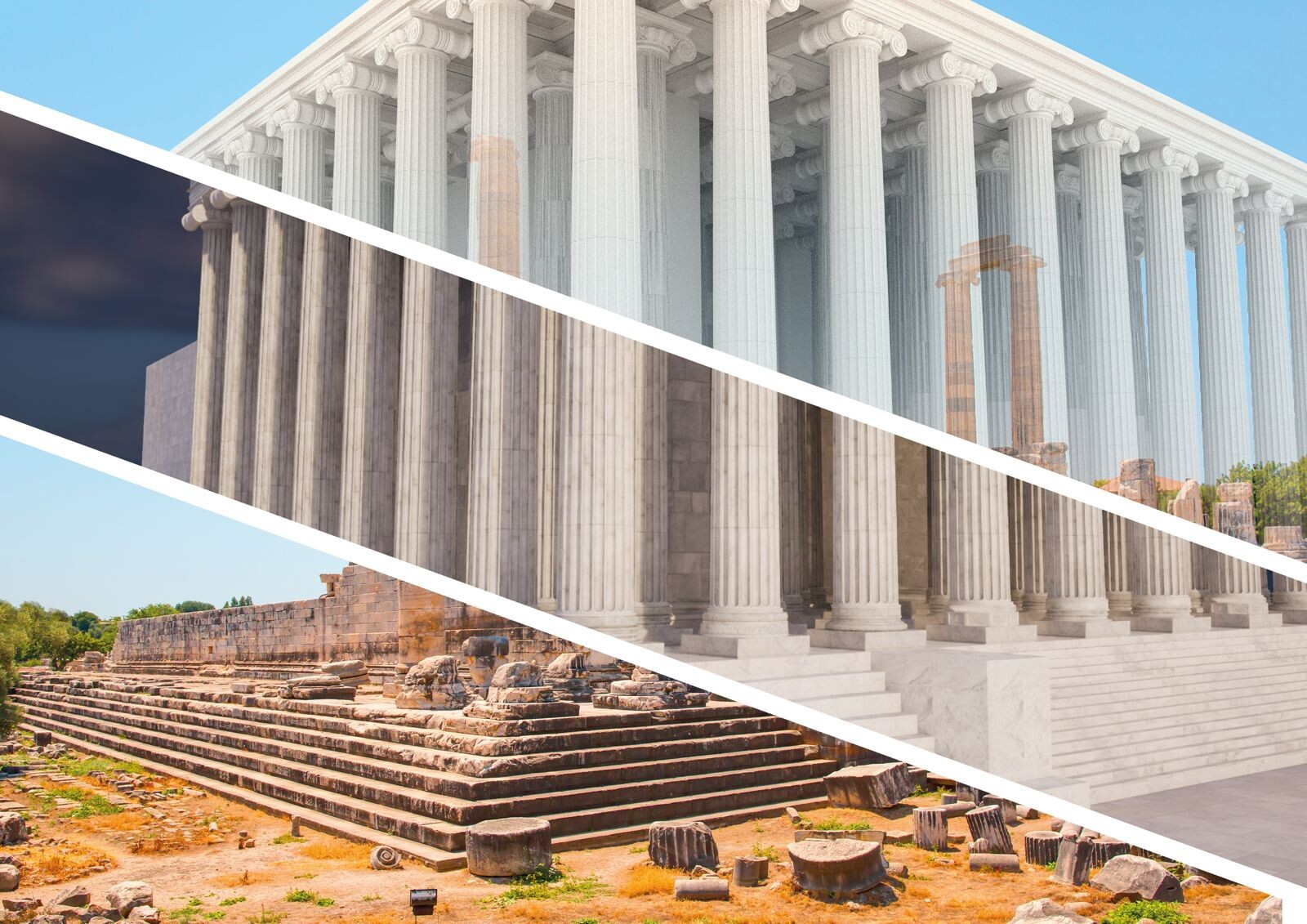 Three Parts of Anastylosis of the Temple of Apollo in Didim.

We used a background photo of the temple, Photo ID 777168247 from Shutterstock.