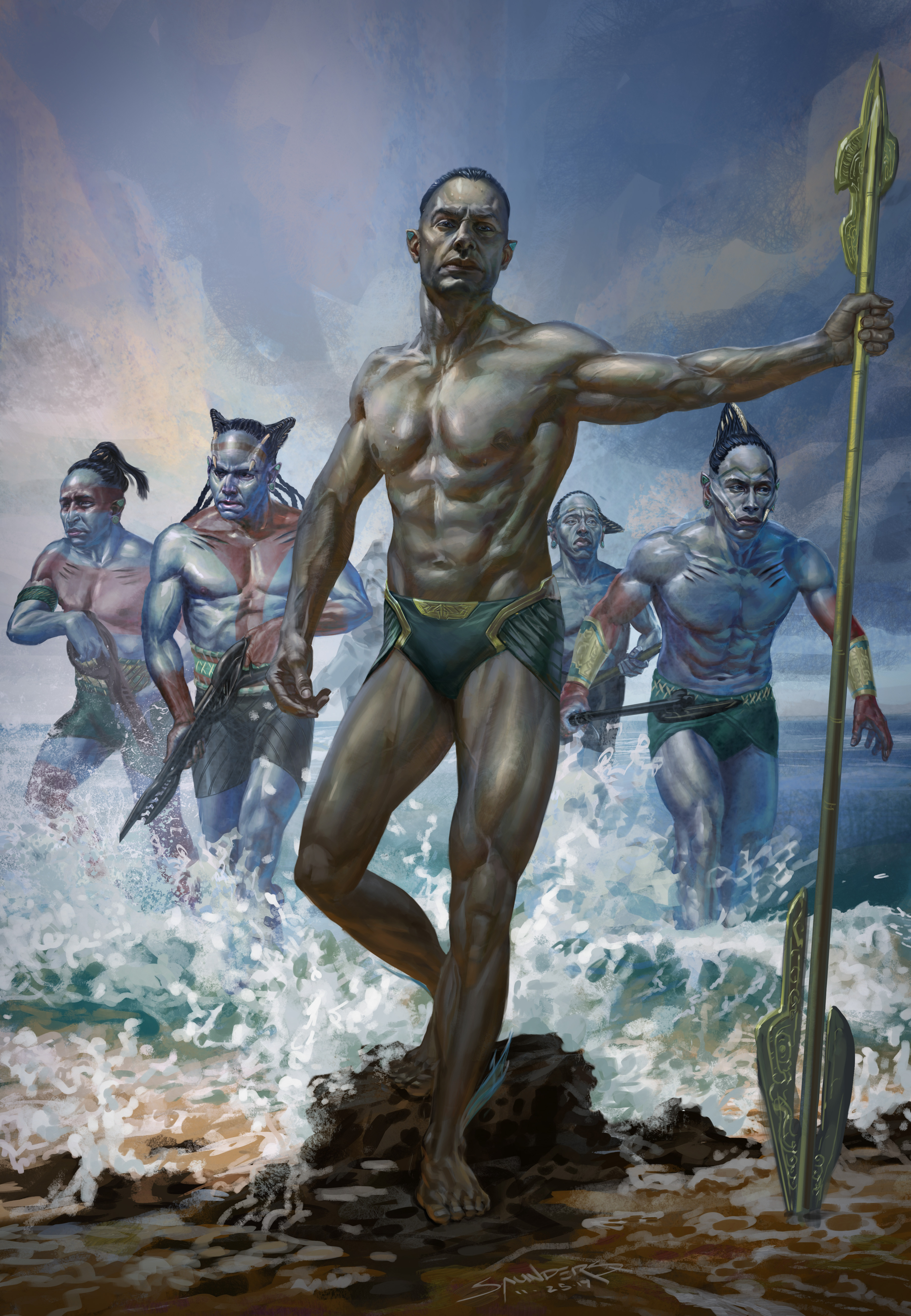 Early "Speedo" design for Namor. Like many pre-casting concepts, I came up with a 'composite' of my fantasy casting, in this case a combination of Javier Bardem and Gael Garcia Bernal. 
