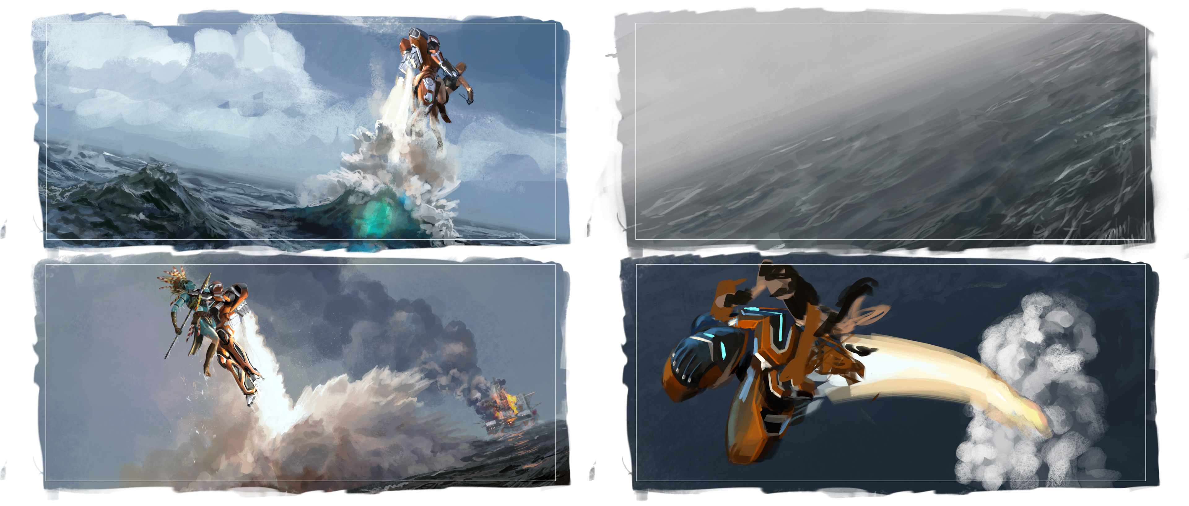 Color thumbnails. I didn't even bother finishing the third one. Sometimes you can tell partway through that it isn't giving you what you want. I'll usually lay out a few to a certain level and then work them up all at the same time.
