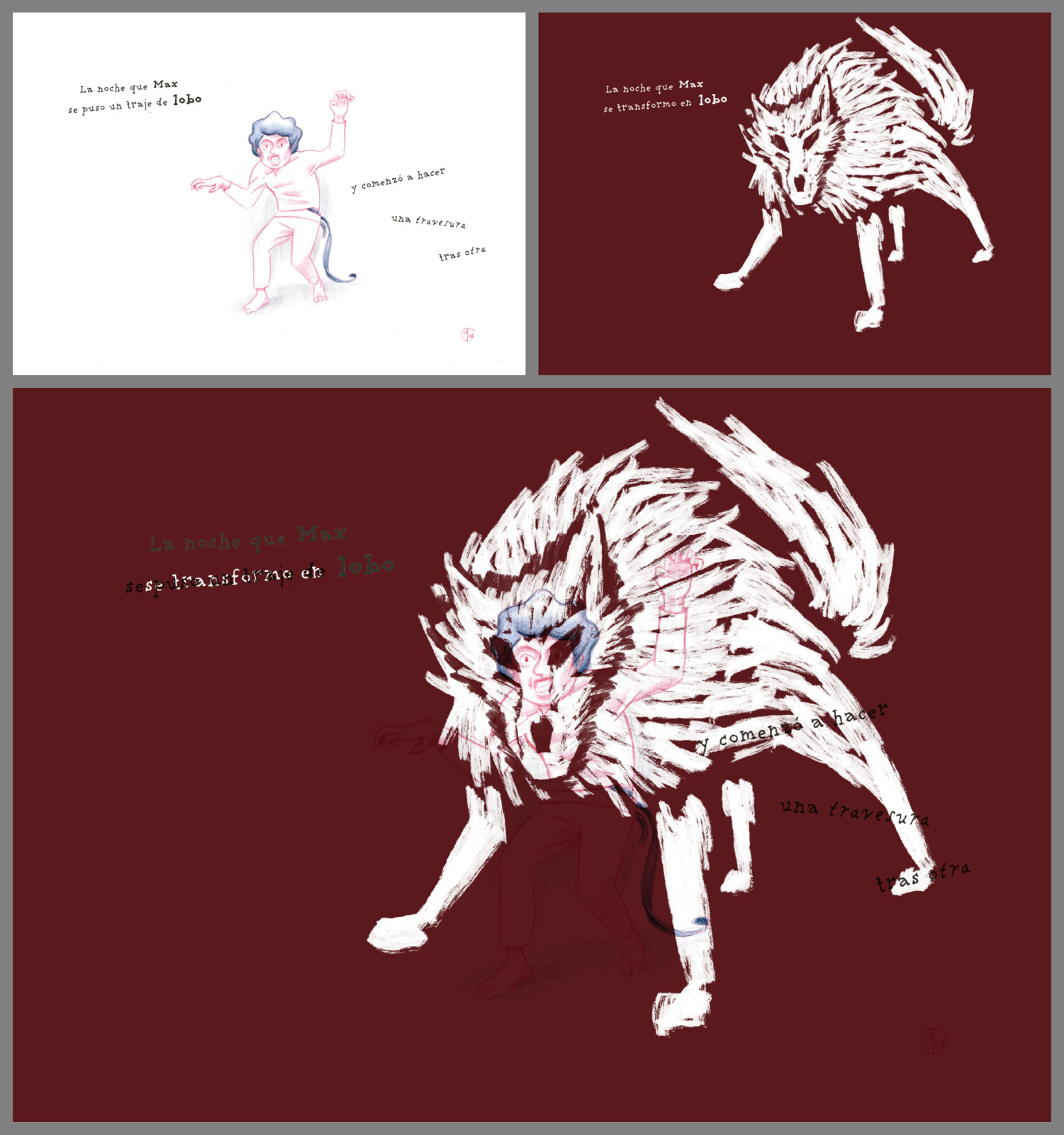 The adaptation's first page: In the first image, Max pretends to be a wolf with just a belt for a tail. Next, Max is the wolf. The final image overlays both.