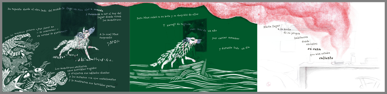 In the final three pages, the aroma of Max's dinner interrupts his imaginary world, bringing him back to reality. 