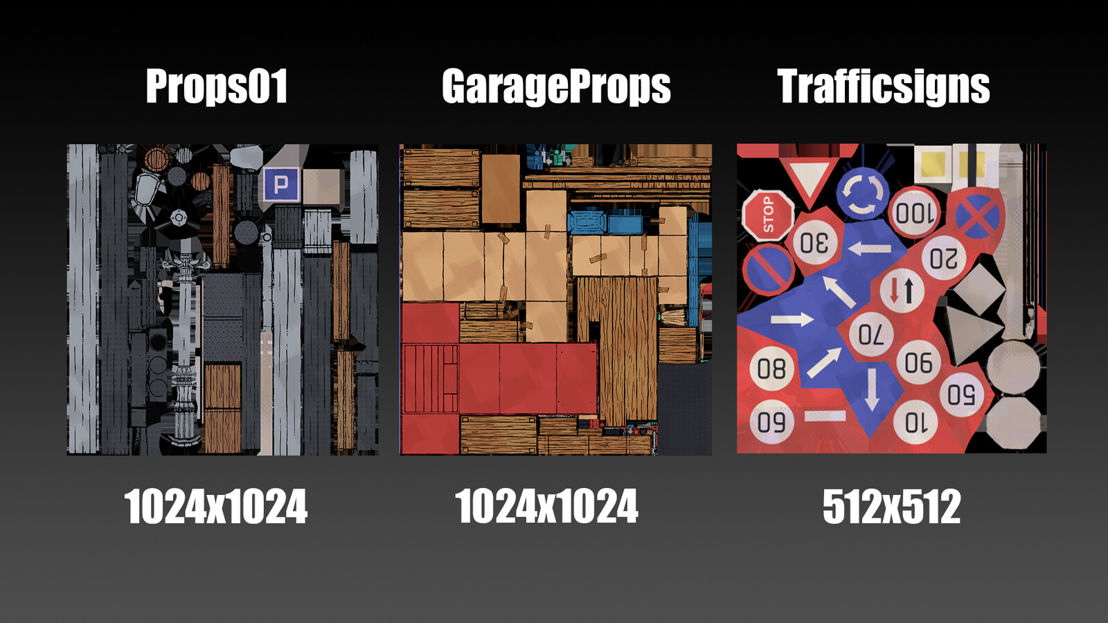 Texturemaps for props. Stacked and flipped for maximum UV space. 
I could have stacked the blue arrow sign and just rotated the mesh.