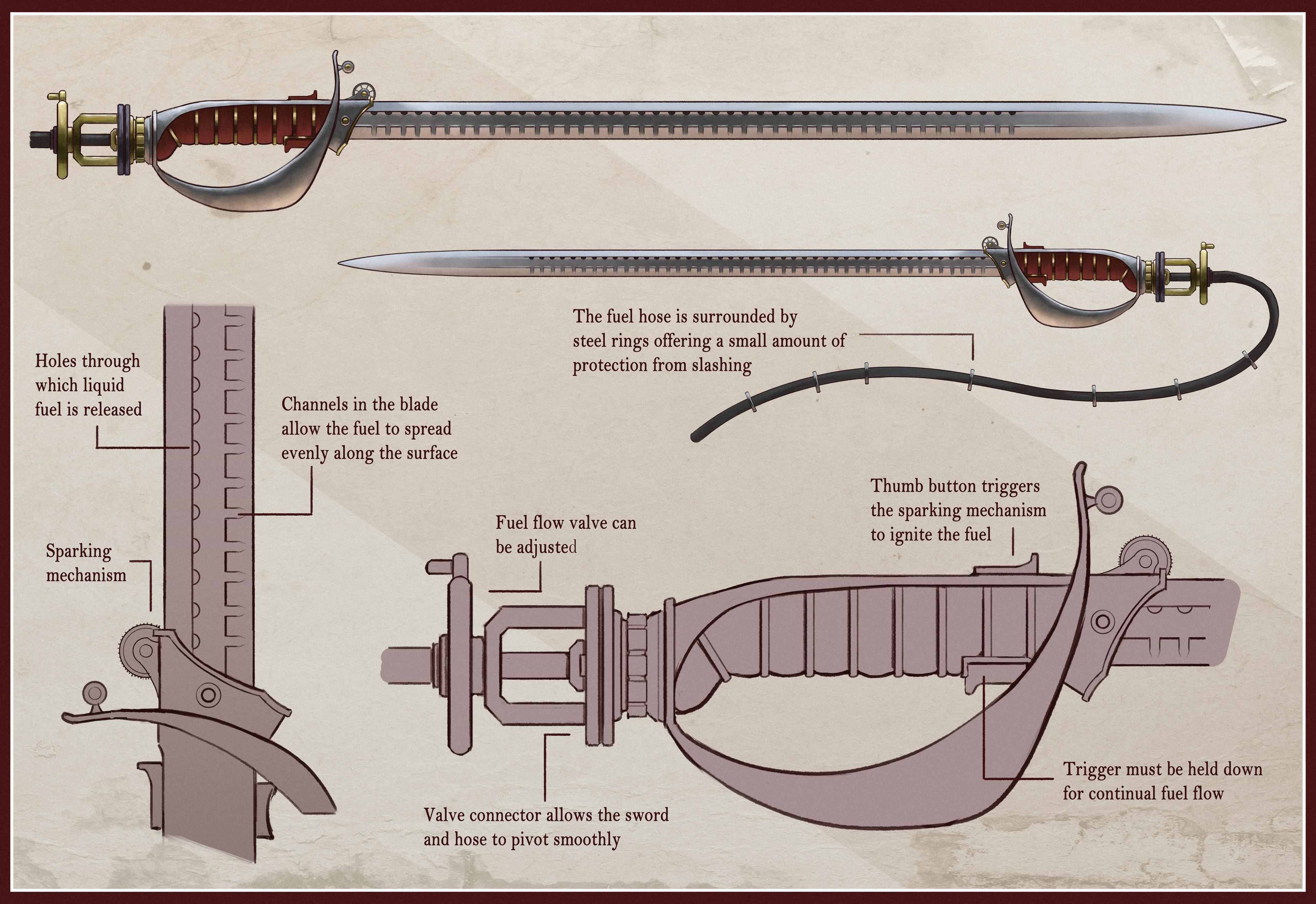 Details on the sword and its trigger mechanism.