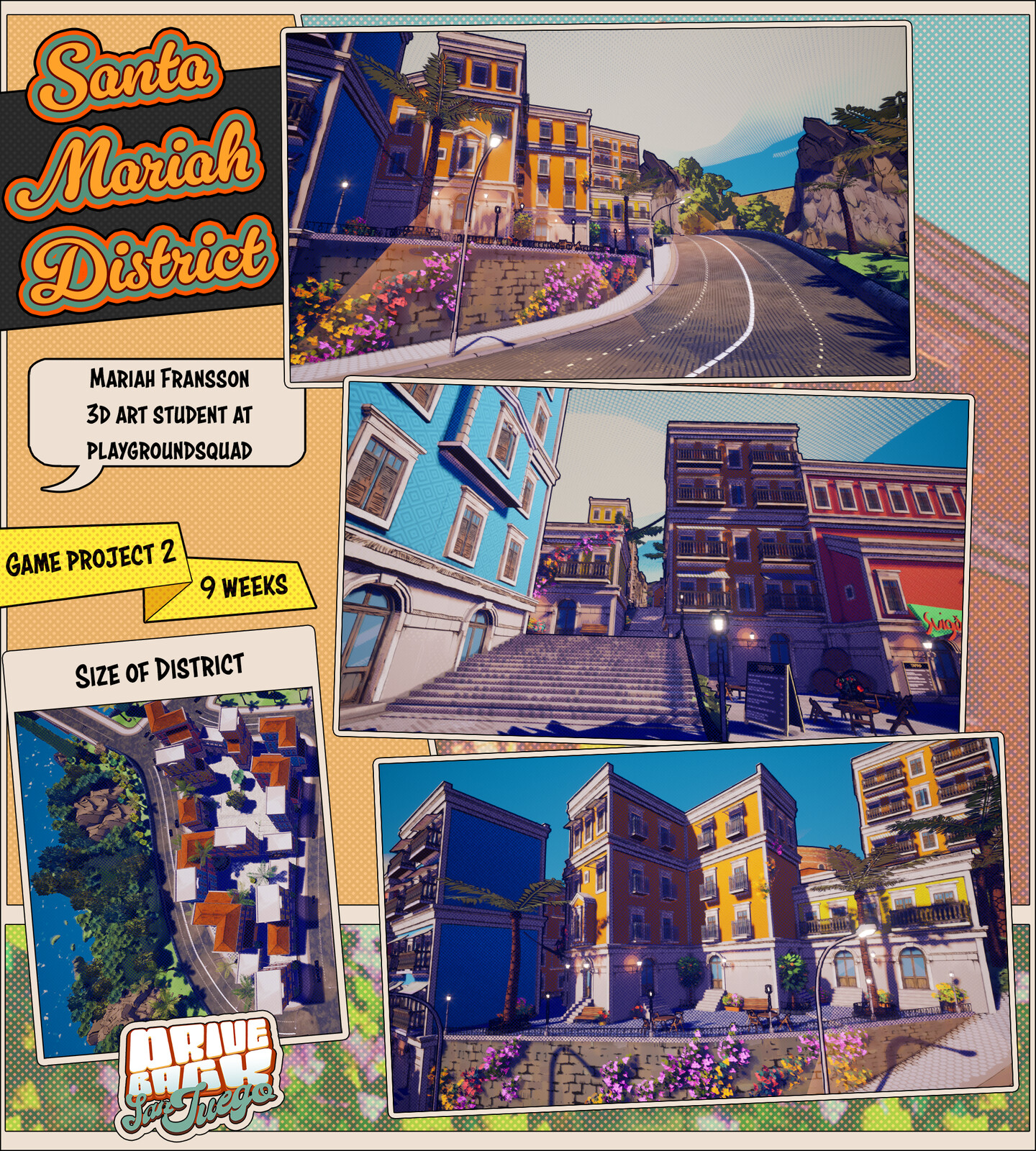 My main district and I was in charge of the environment work done in this area. I did the props. The screenshots is taken from our game.