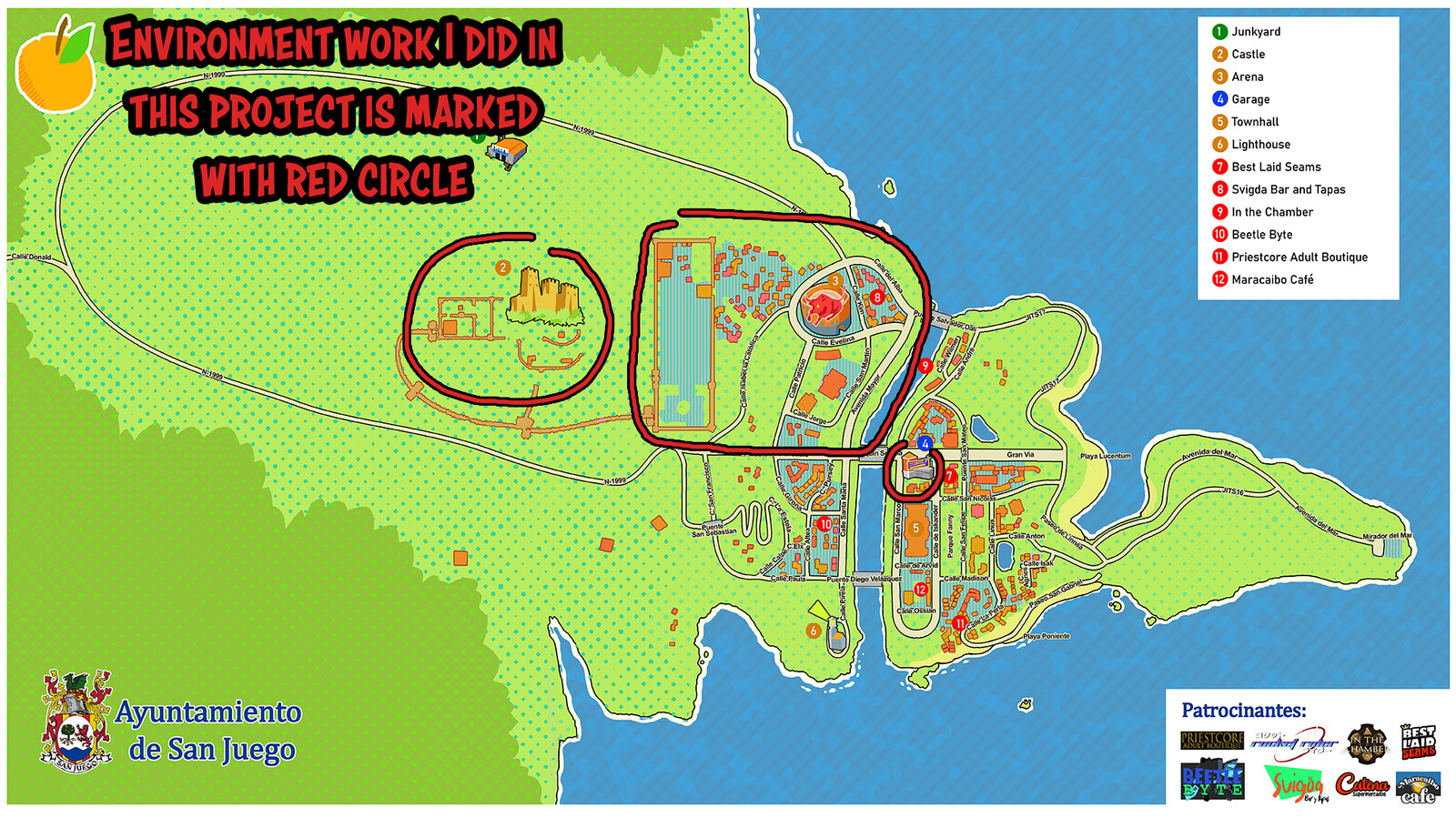 Red circle markings is what areas I worked in. Map made by another artist.