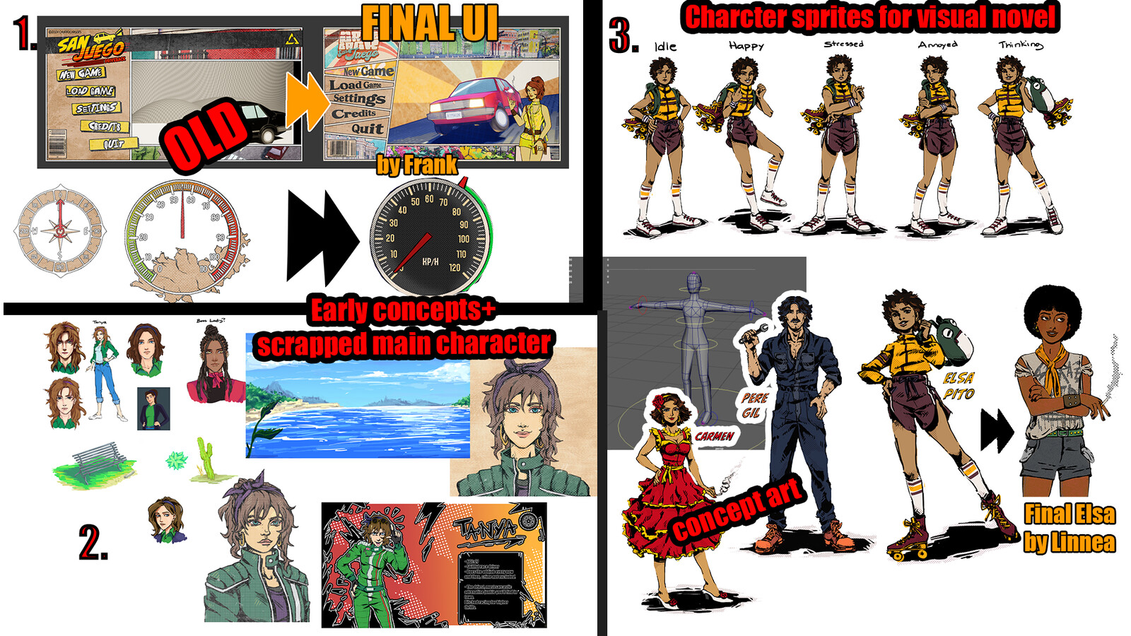 1. Made main menu+hud. I got sick so another artist took over UI.
2. Early concepts.
3. I was tasked to do Elsa Pito sprites. It got finalized by another Artist.