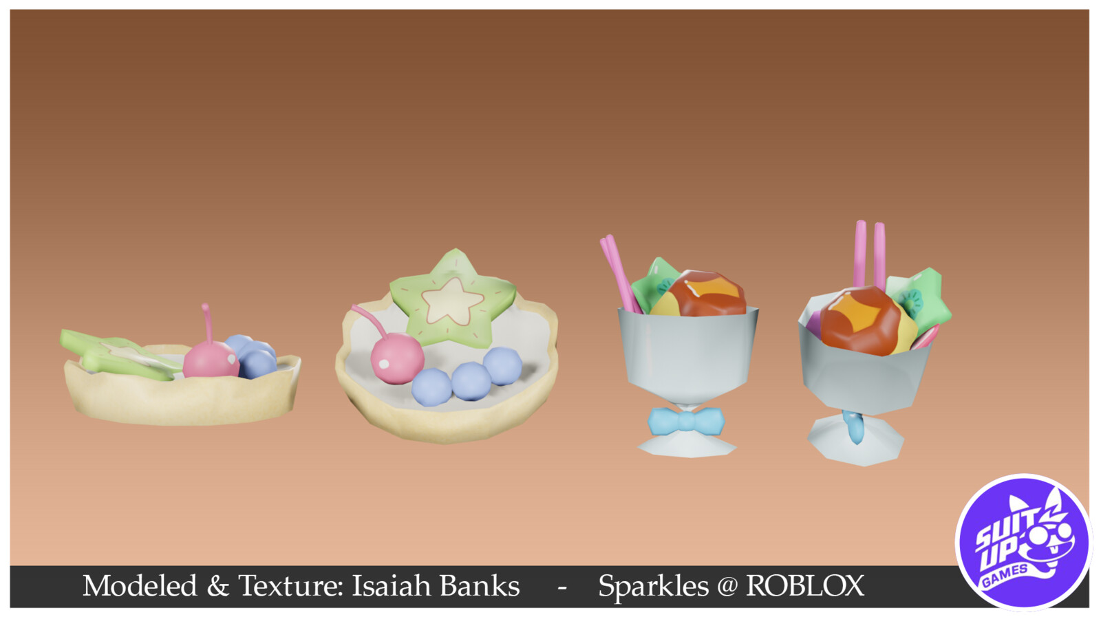 Fruit Tart and Dessert cup in-game assets in the Sparkles branded game on ROBLOX.