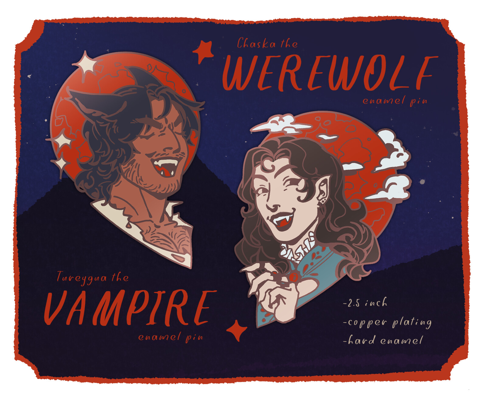 Werewolf &amp; Vampire Enamel pin designs