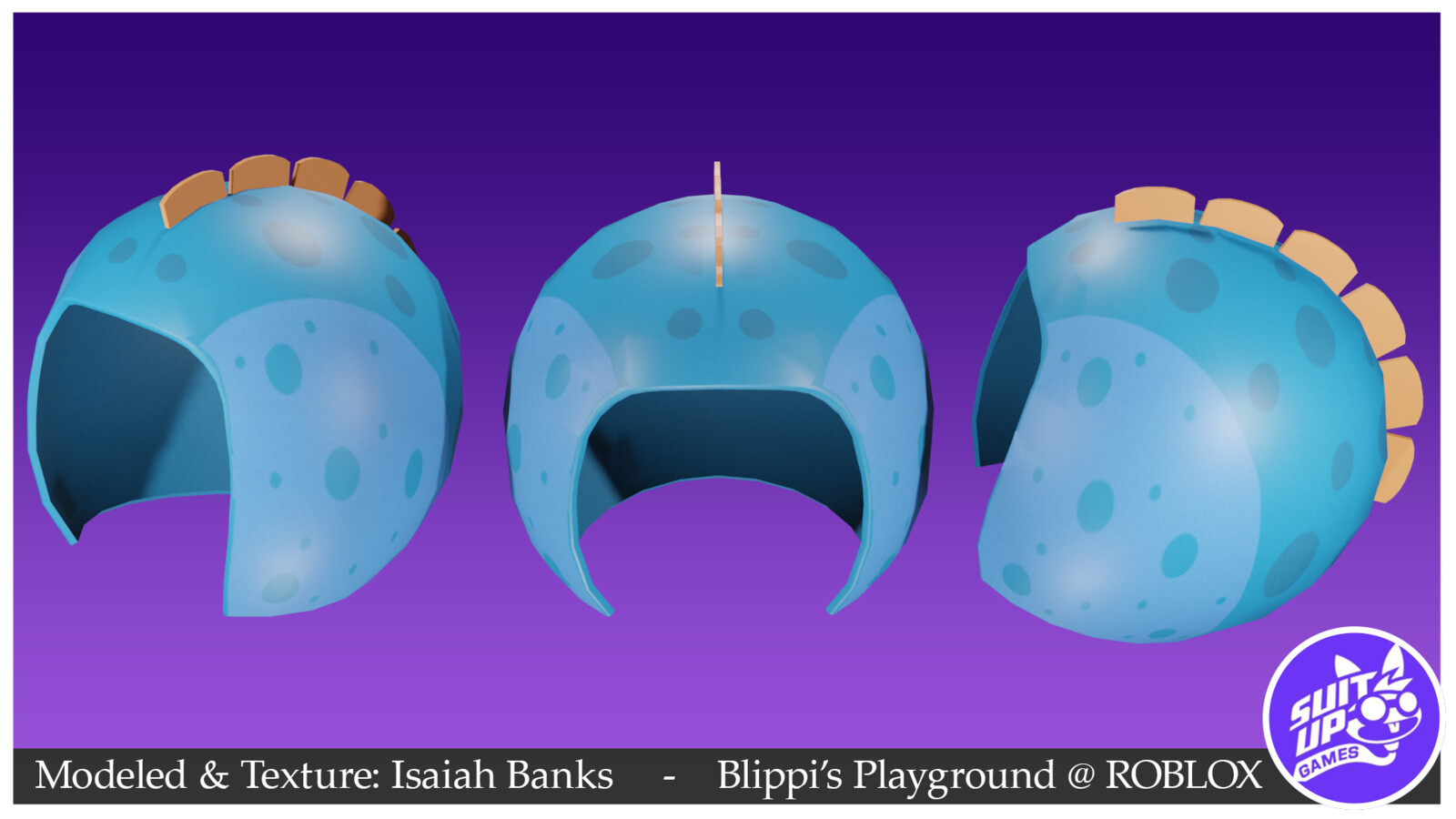 Blue Spotted Dino Hood for marketplace sale on Blippi's branded group on ROBLOX.