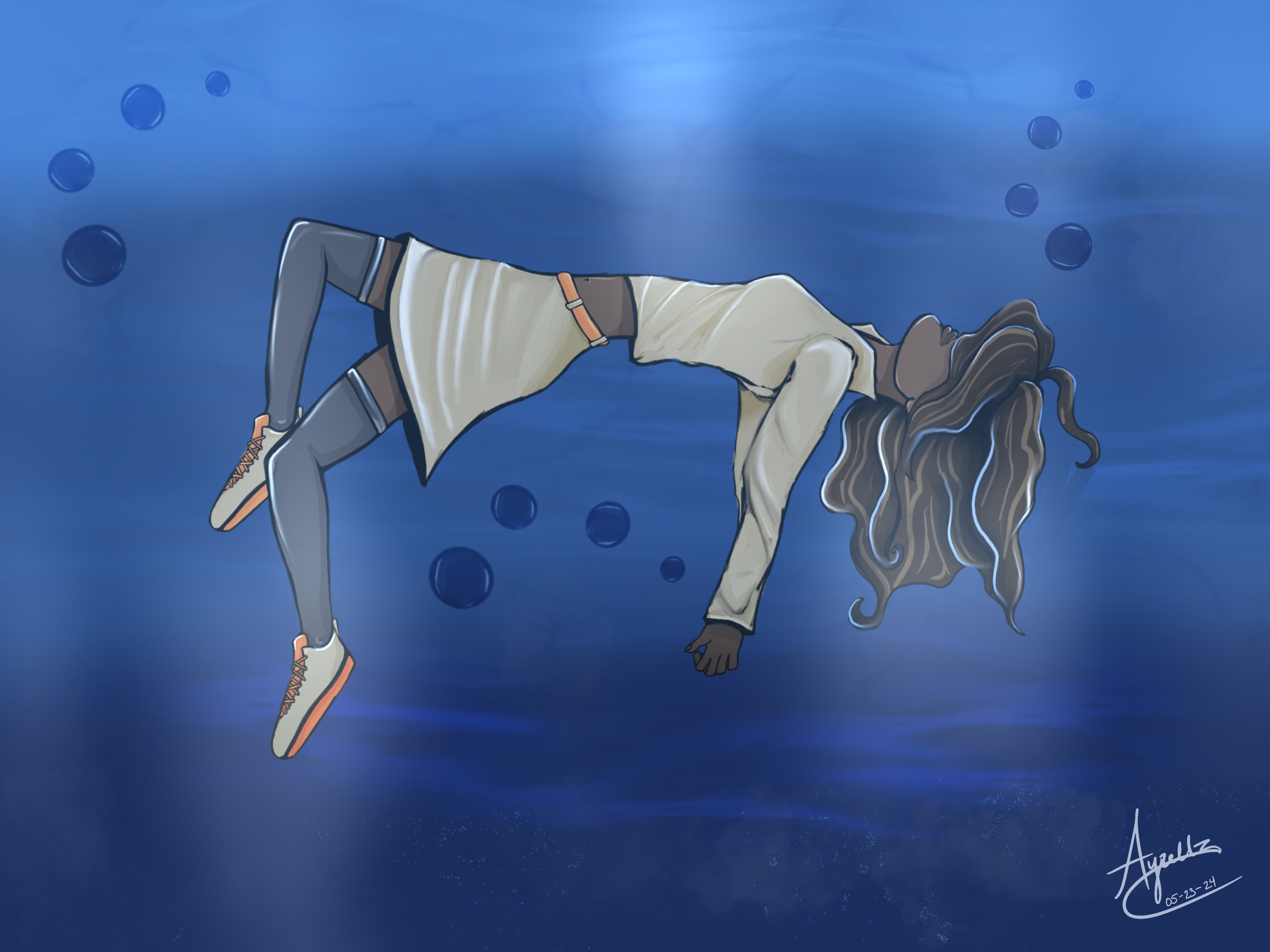 Personal 2D Art project of a girl floating in a body of water.