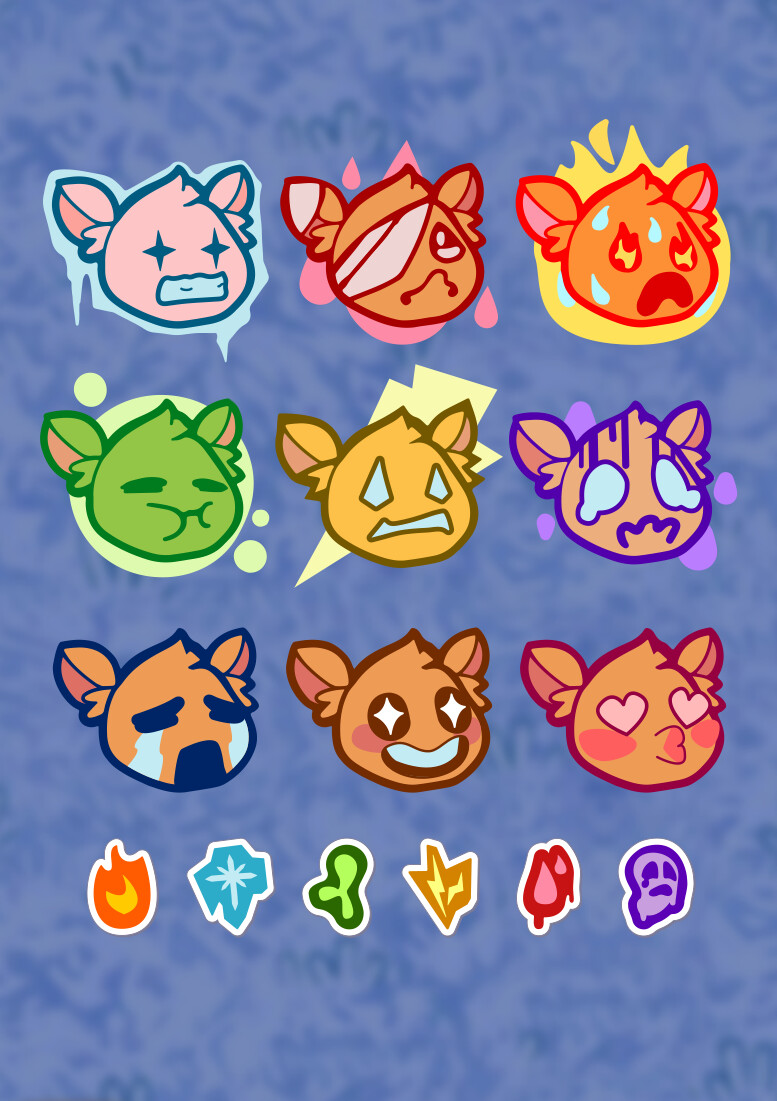 Emote art for various reactions and status effects, and status effect badges for the HUD