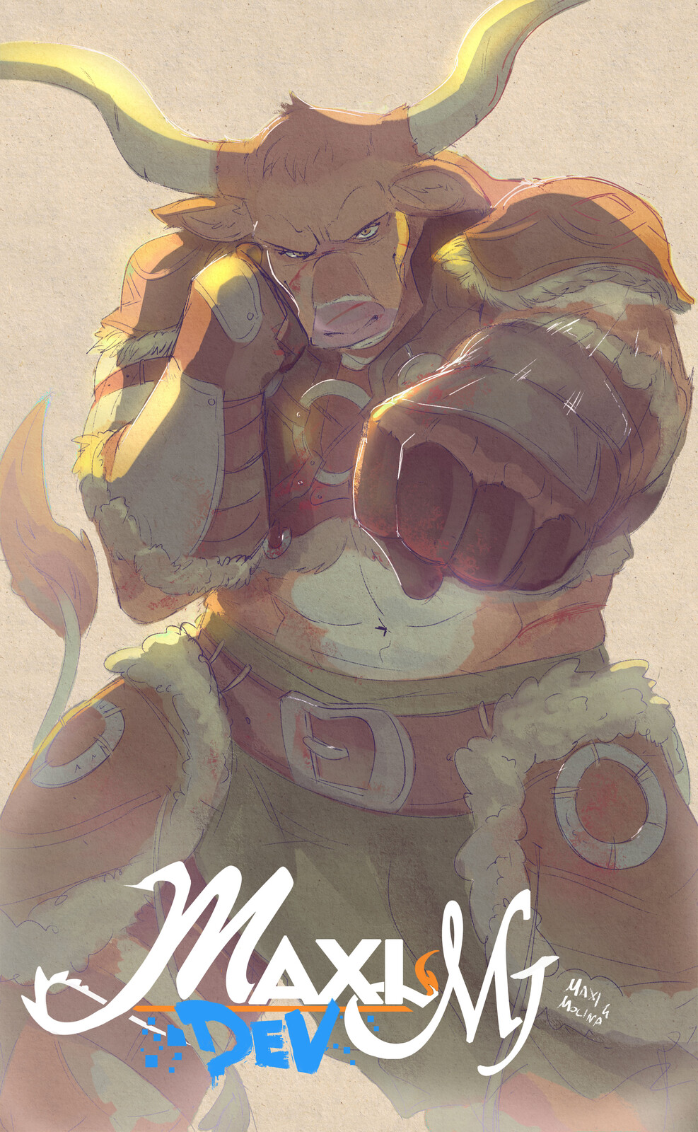 Watercolor style commission - Cow warrior