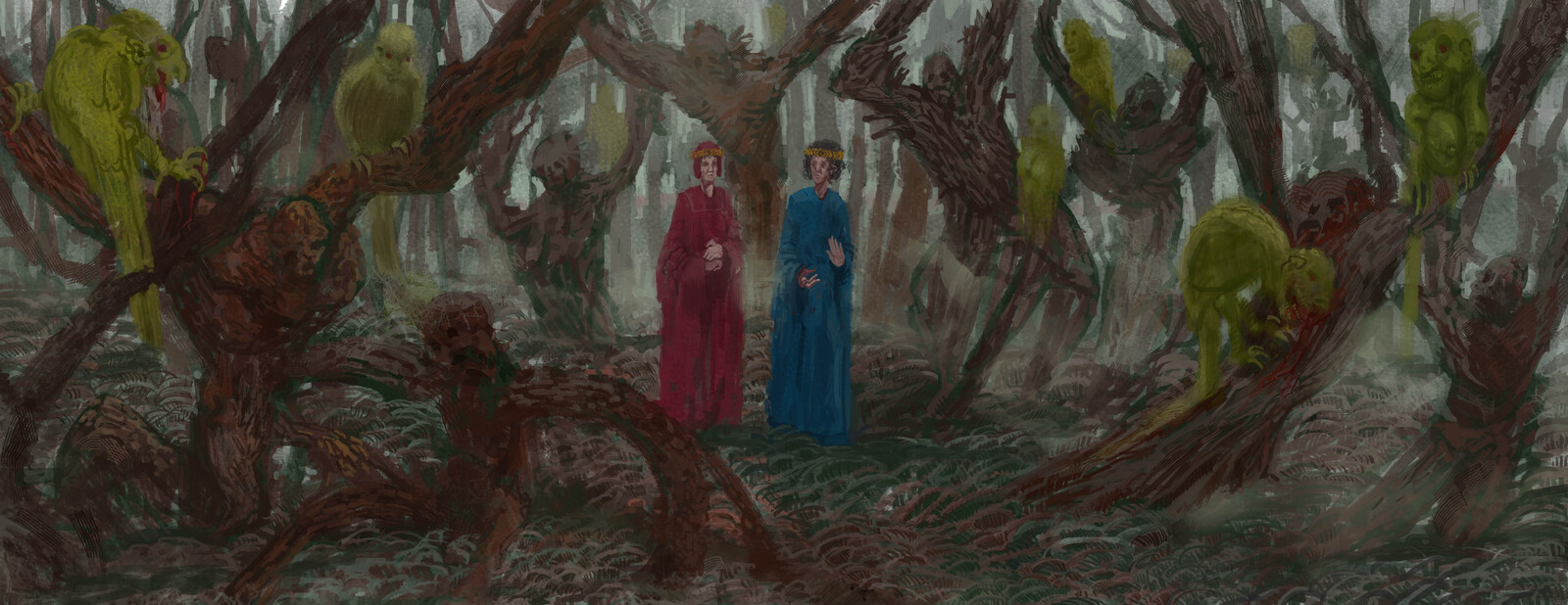 The 7th layer round two. Dante and Virgil walk through the forest of suicides