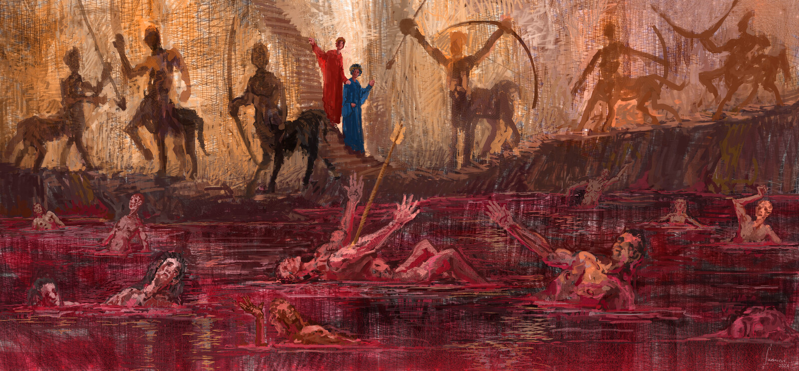 The 7th layer - The river of blood, Phlegeton, with sinners submerged upto different lengths depending of their severity, guarded by Cenataurs.


