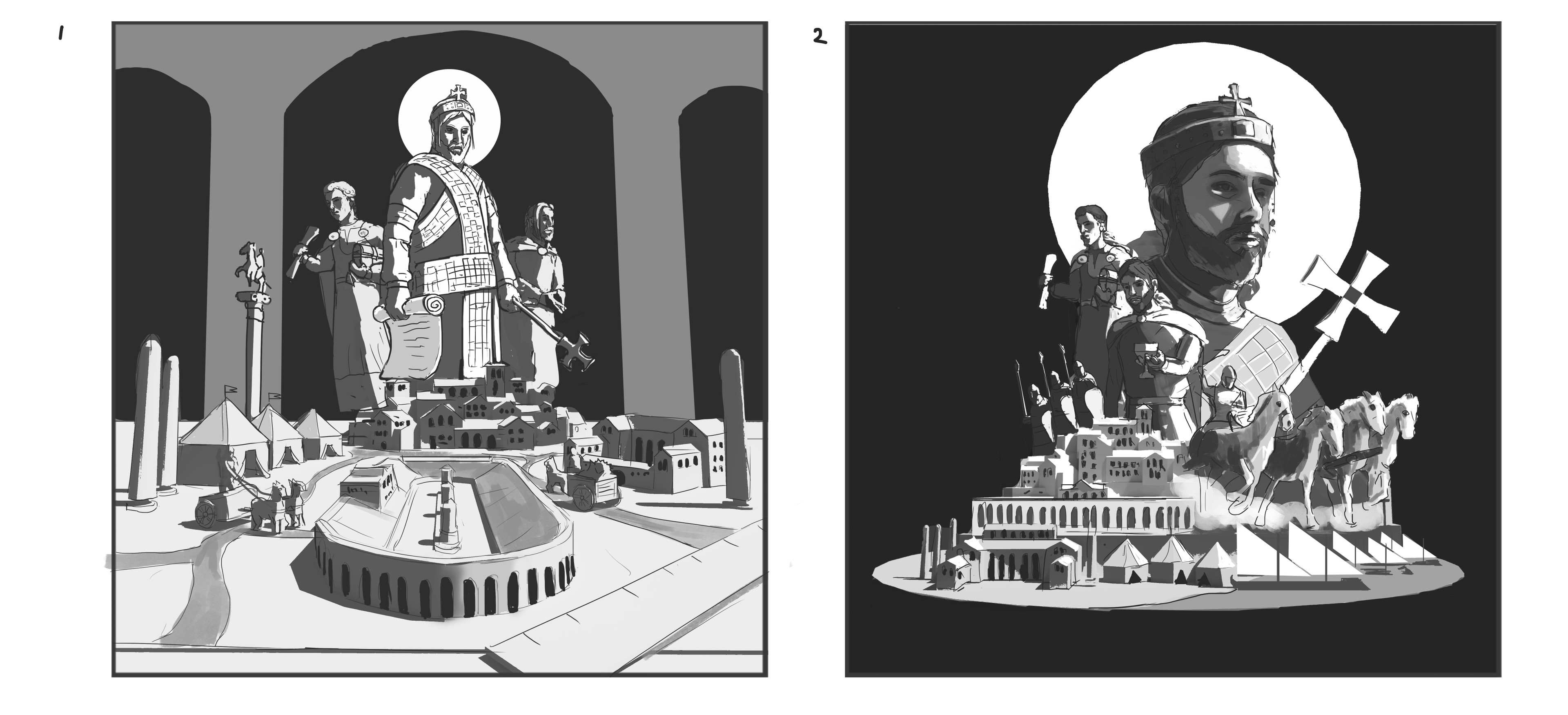 More refined sketches. The first one is meant to be like toy models. The second one got more of a movie poster layout. 