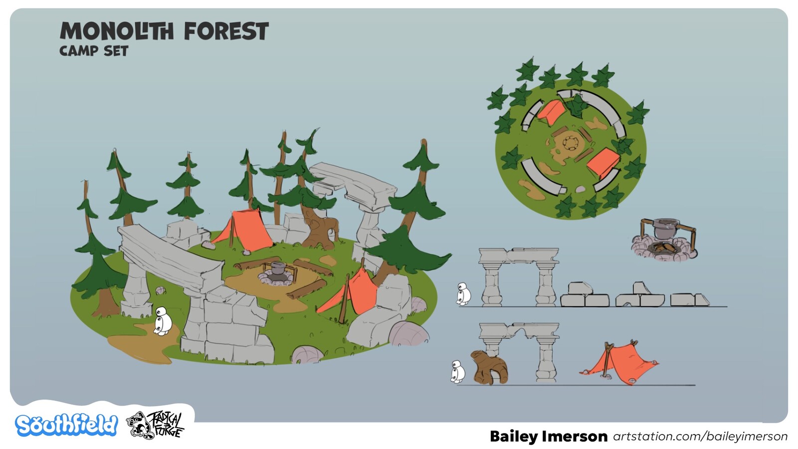 early concept for a camp set deep within the forest