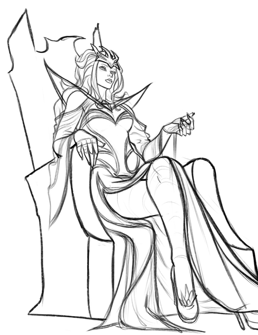 Rough sketch for the main artwork. The face was not right and the upper leg was "cutting the flow" in my opinion, so I switched to the other leg for the final artwork.