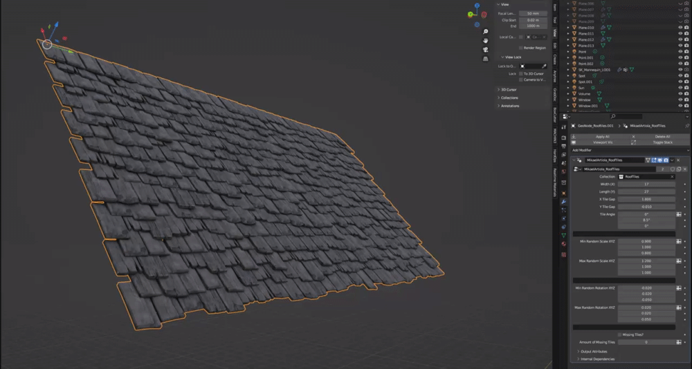 Made a geometry node setup to easily tile my roof and add damaged tiles (by removing them randomly)