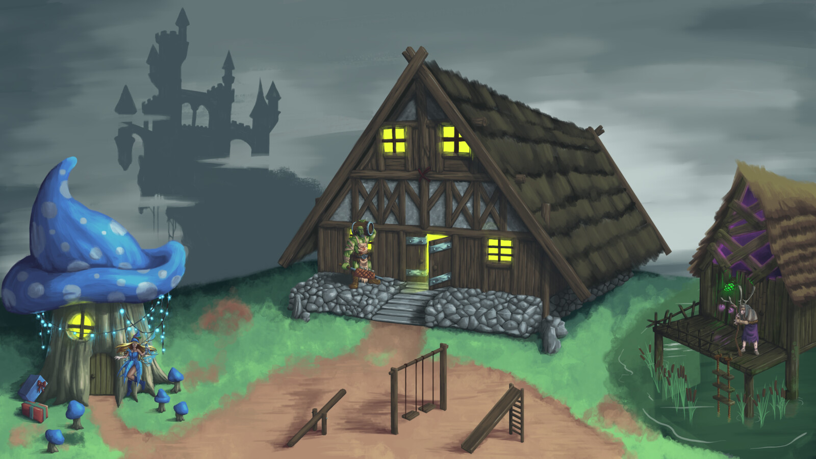 This artwork was made as a commission in the year 2020, for an interactive website that would use interaction with the buildings on the village as links to other pages. 