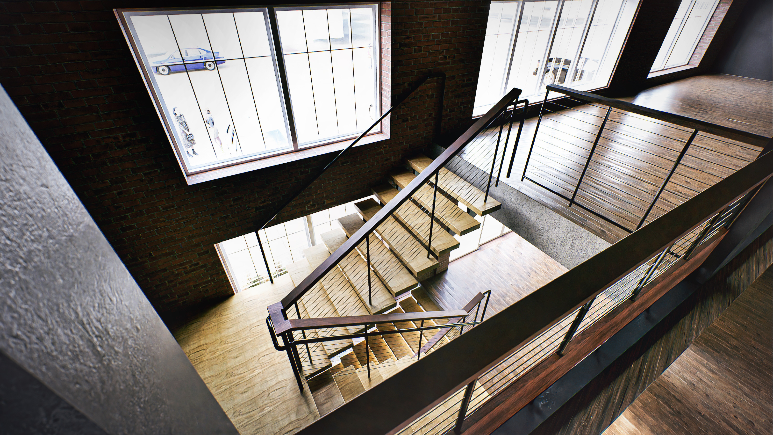 Stair sequence from above, stair leads from renovated front entry up to the renovated loft/mezzanine area which looks down into the events hall and stage area.