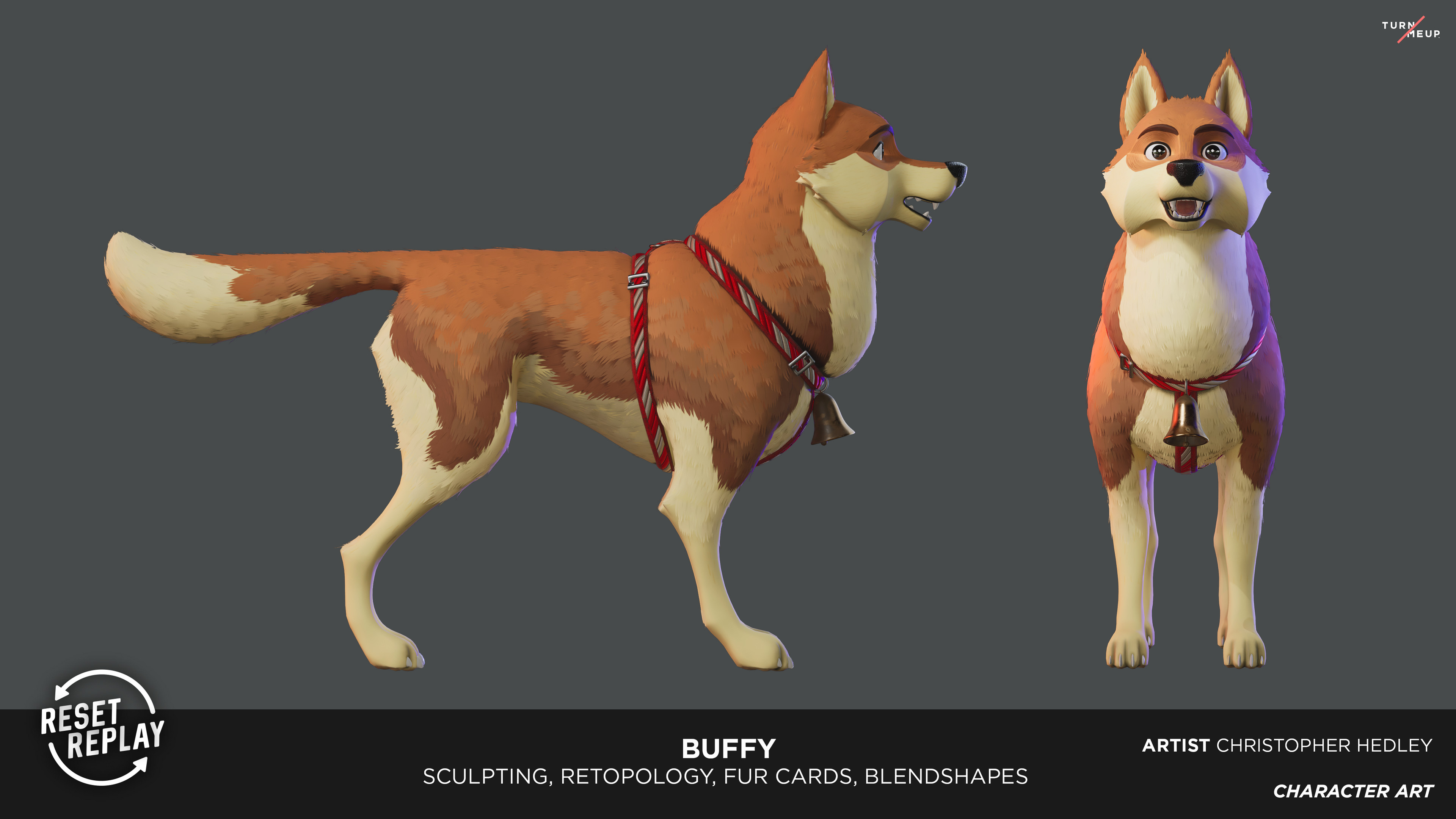 Sculpted with Zbrush, Retopologized, UV unwrapped, fur carded with Maya, Textured with Substance Painter, Rendered in Unreal