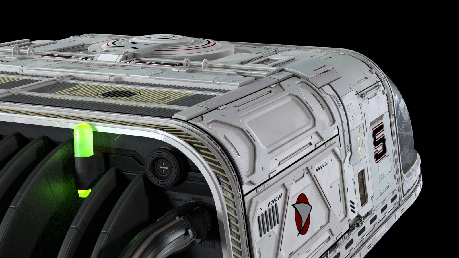 Plagiarized this idea from Howie Day.  At a sharp enough angle you can get a glimmer of the specular colors just like his big ships. The colors are all random based on the geo.

Also UV unwrapped the panels to add a grunge texture to dirty up the hull