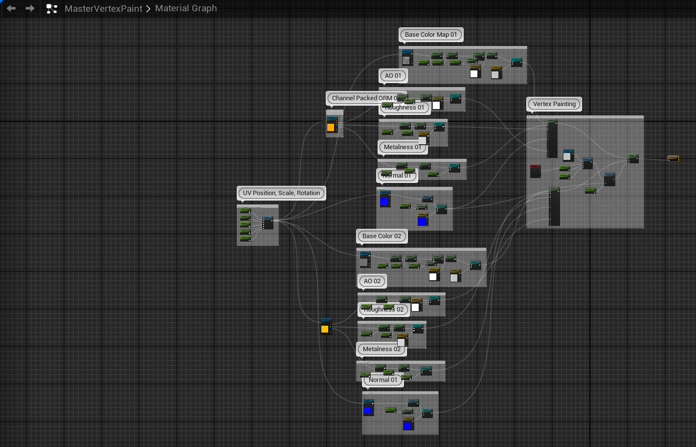 My master material from Unreal. I'm able to vertex paint with this setup, as well as set custom controls (Albedo control, roughness adjustments, etc.) for each painted map. This gave me a bunch of in engine control.