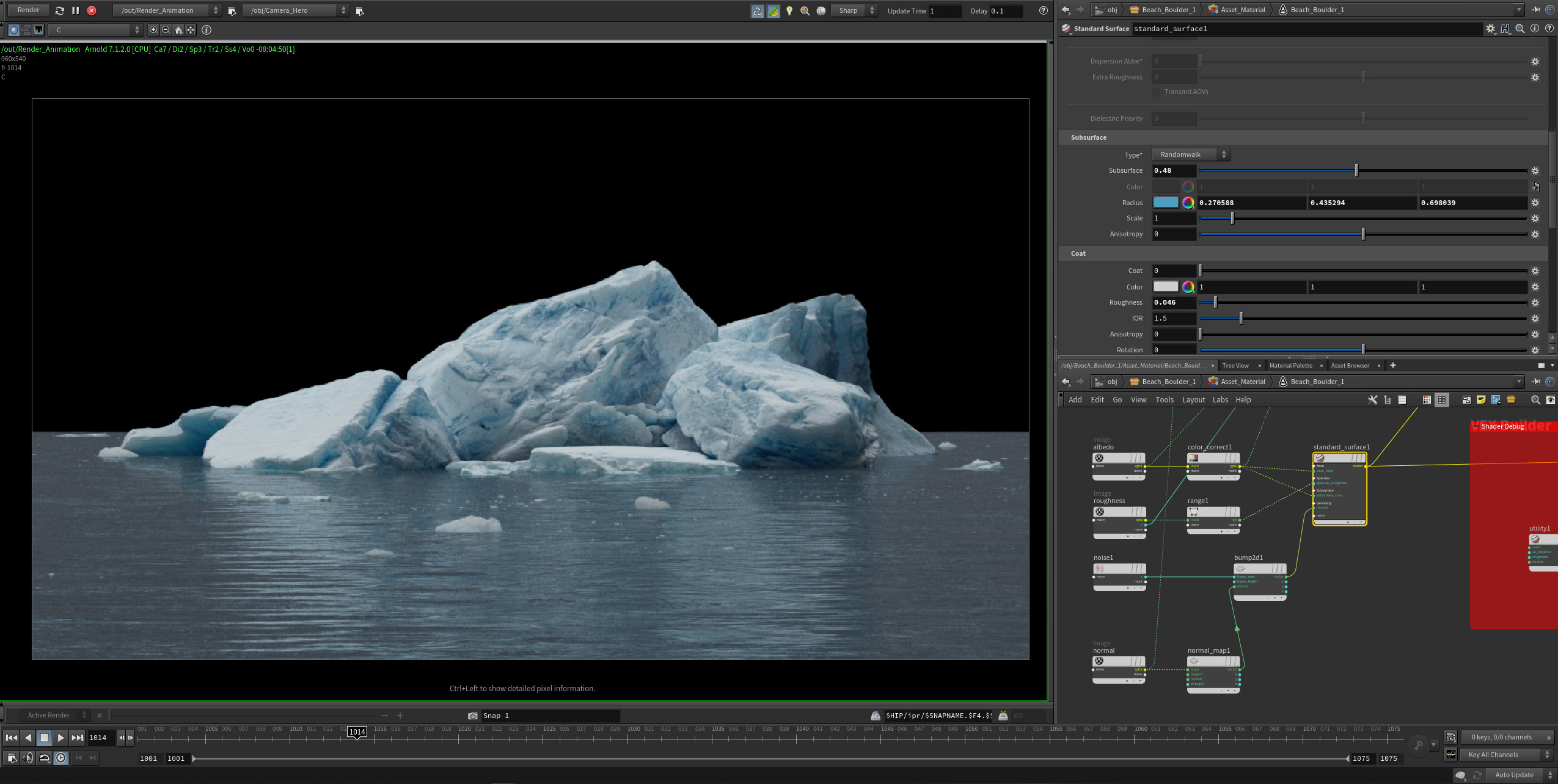 Houdini Viewport with one of the Ice rocks shader setup