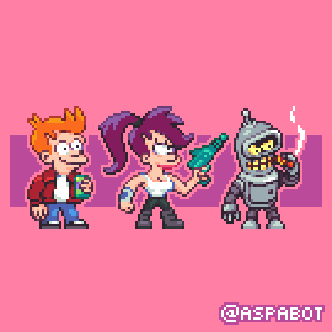 Pixel version of Philip J. Fry, Turanga Leela and Bender Bending Rodríguez from Futurama