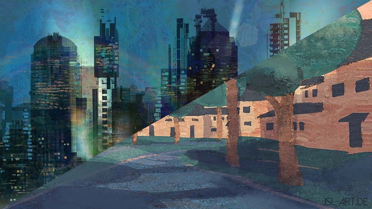 
The title screen is split diagonally between the "home" and "work" places that Robin experiences, and uses lots of glitch effects when playing, flickering between either world.
