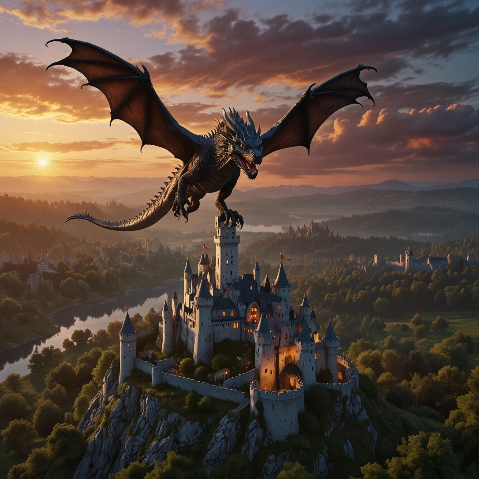 ArtStation - Majestic Dragon Over Medieval Kingdom at Dawn