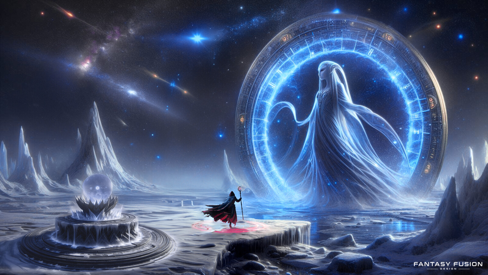 In a realm of ice and mystery, celestial beings traverse the cosmos by accessing the arcane power of forgotten celestial gateway technologies.