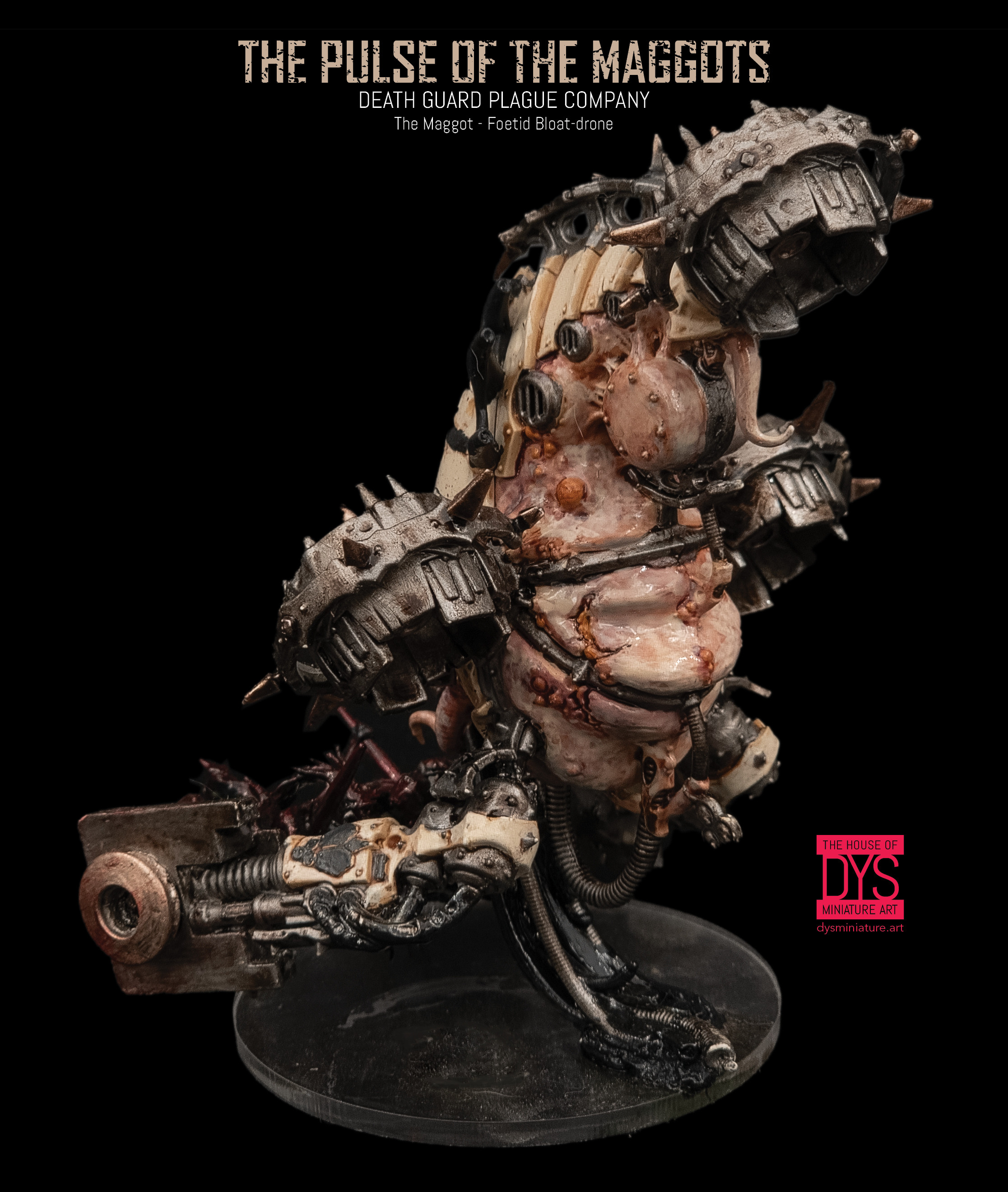 Another angle of the Warhammer 40k Death Guard Plague Company's Foetid Bloat-drone 'The Maggot,' highlighting its menacing weaponry and grotesque features.